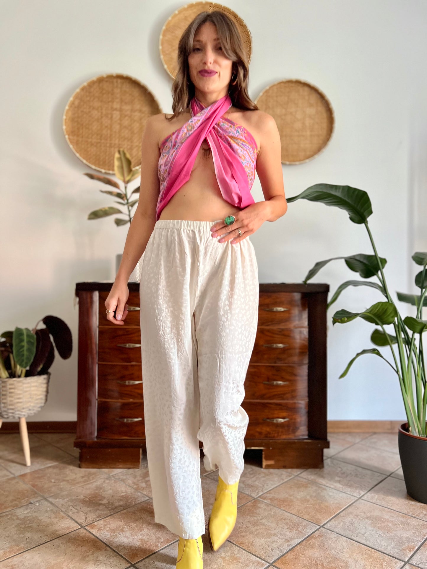 1970's vintage cream abstract animal print silk pants