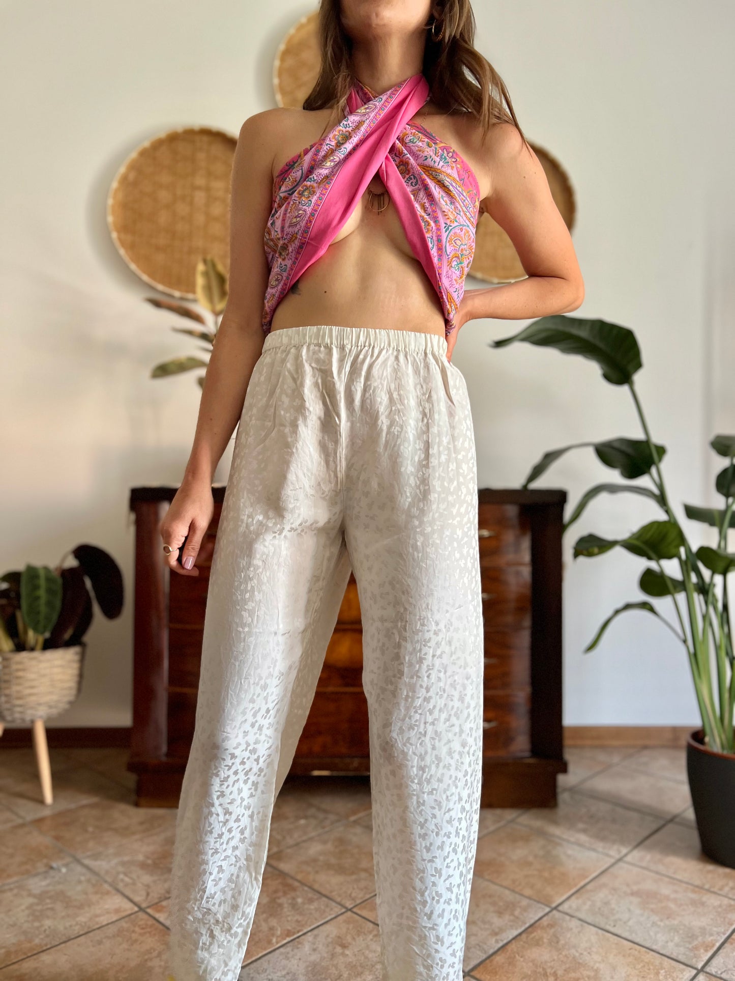 1970's vintage cream abstract animal print silk pants