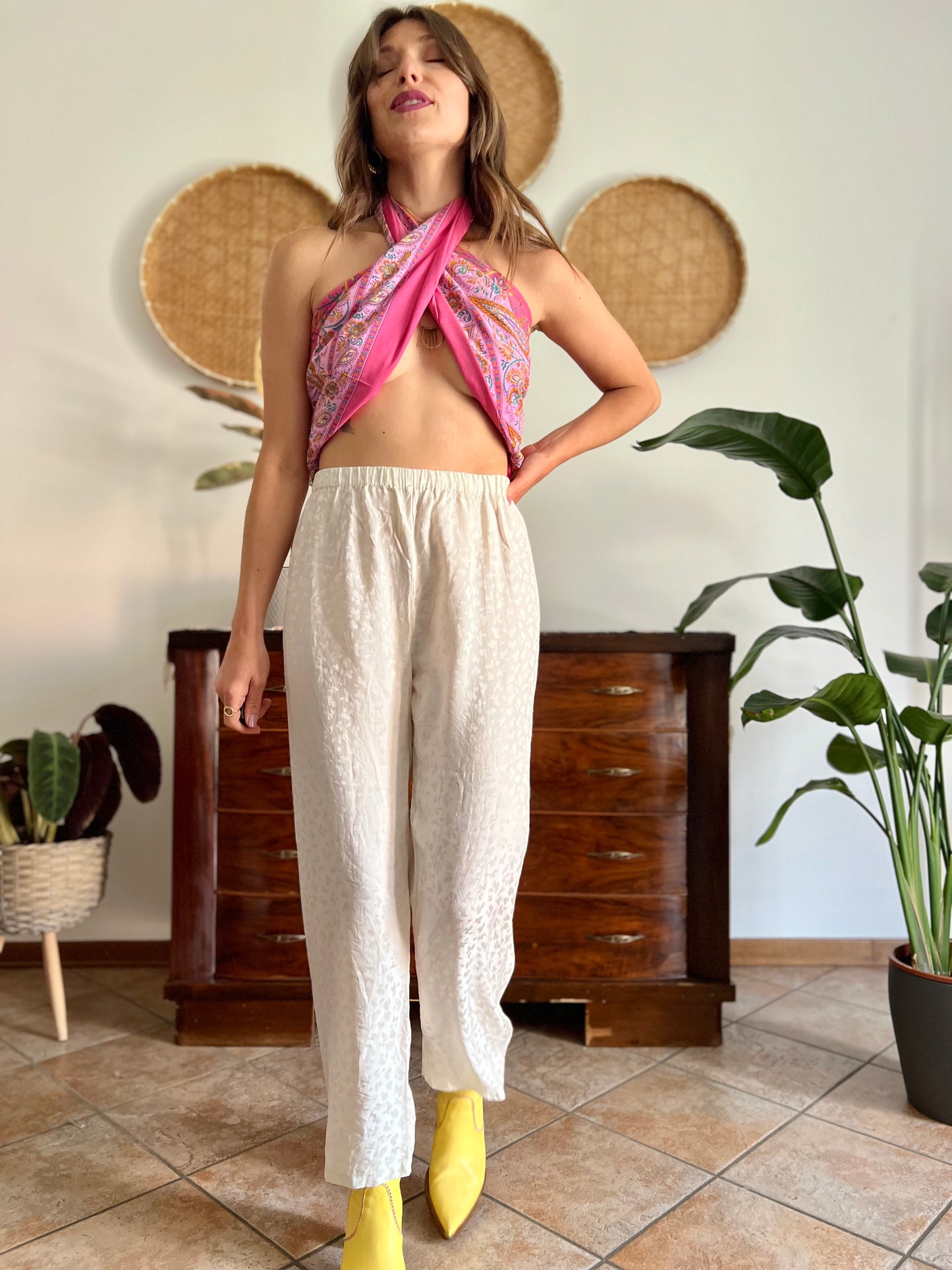 1970's vintage cream abstract animal print silk pants