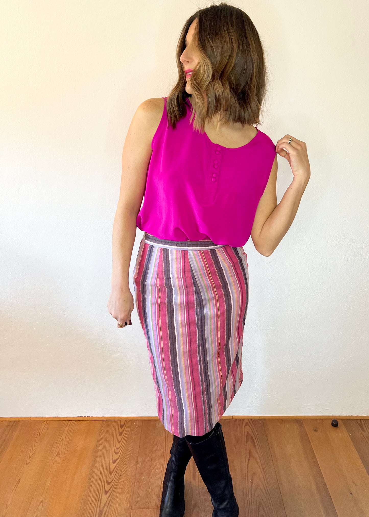 Gonna midi vintage anni '70 a righe verticali e a zig zag arcobaleno