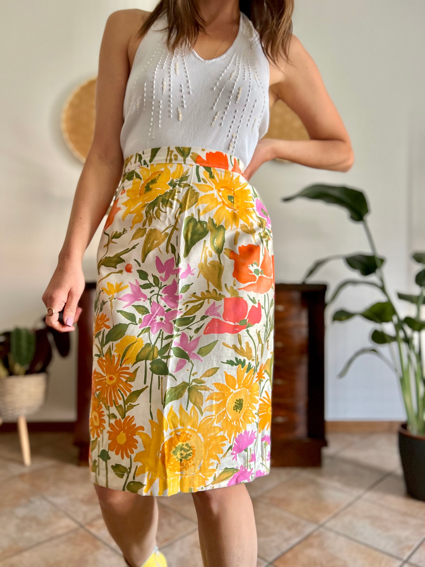 1970's vintage orange, pink and green large floral print