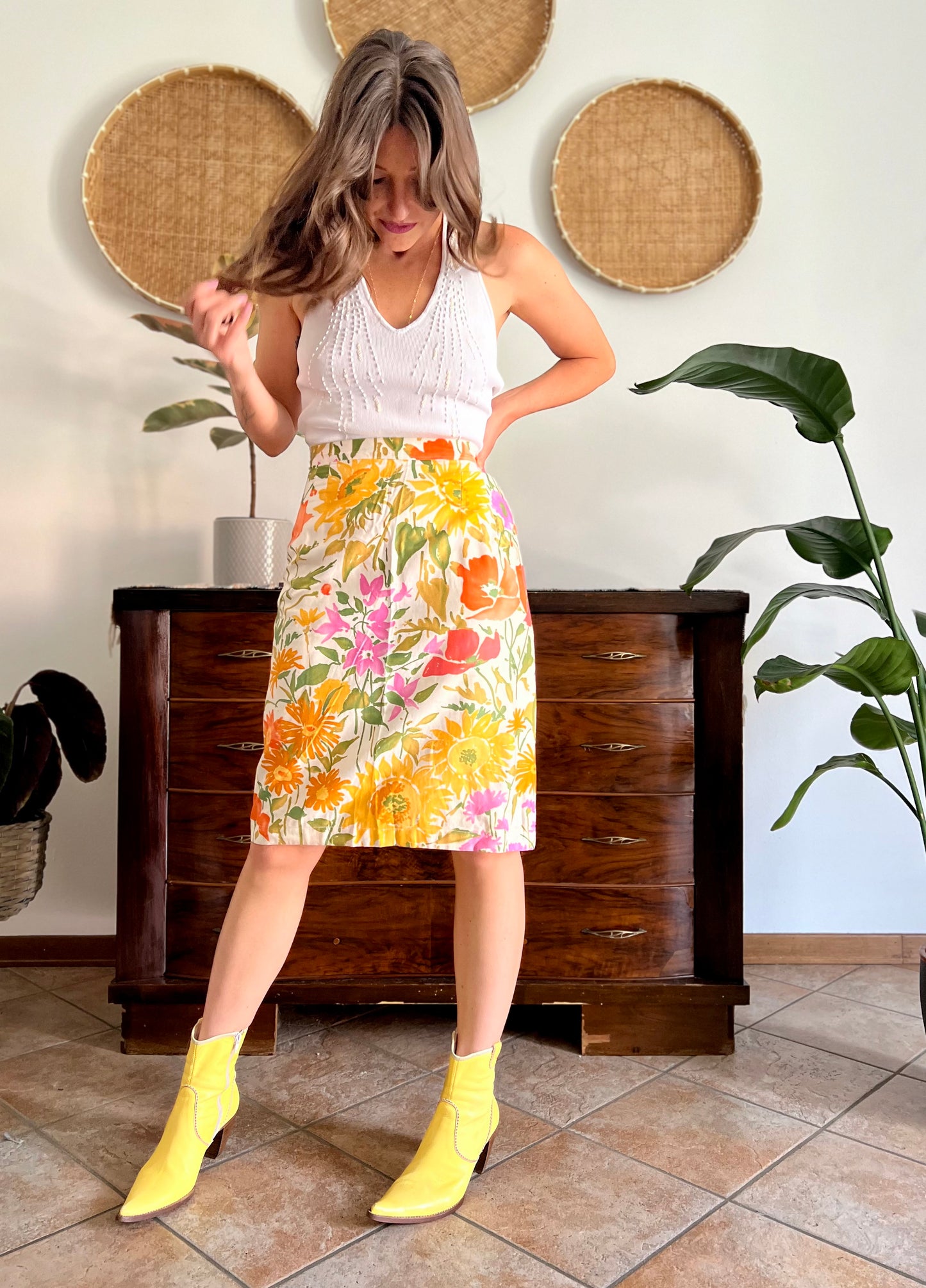 1970's vintage orange, pink and green large floral print