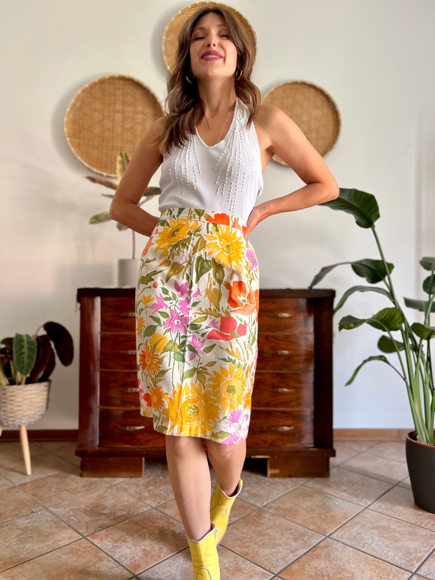 1970's vintage orange, pink and green large floral print