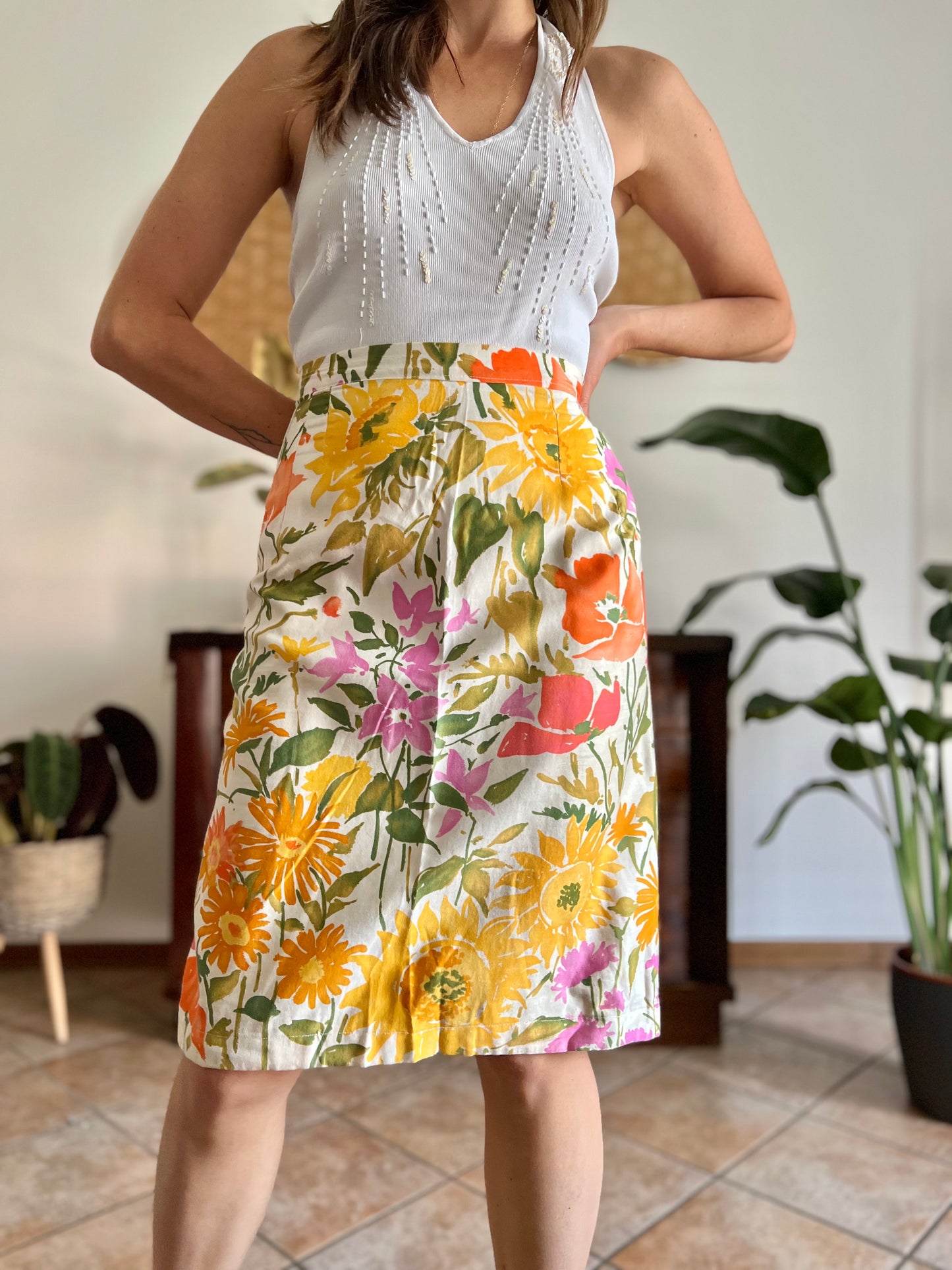 1970's vintage orange, pink and green large floral print