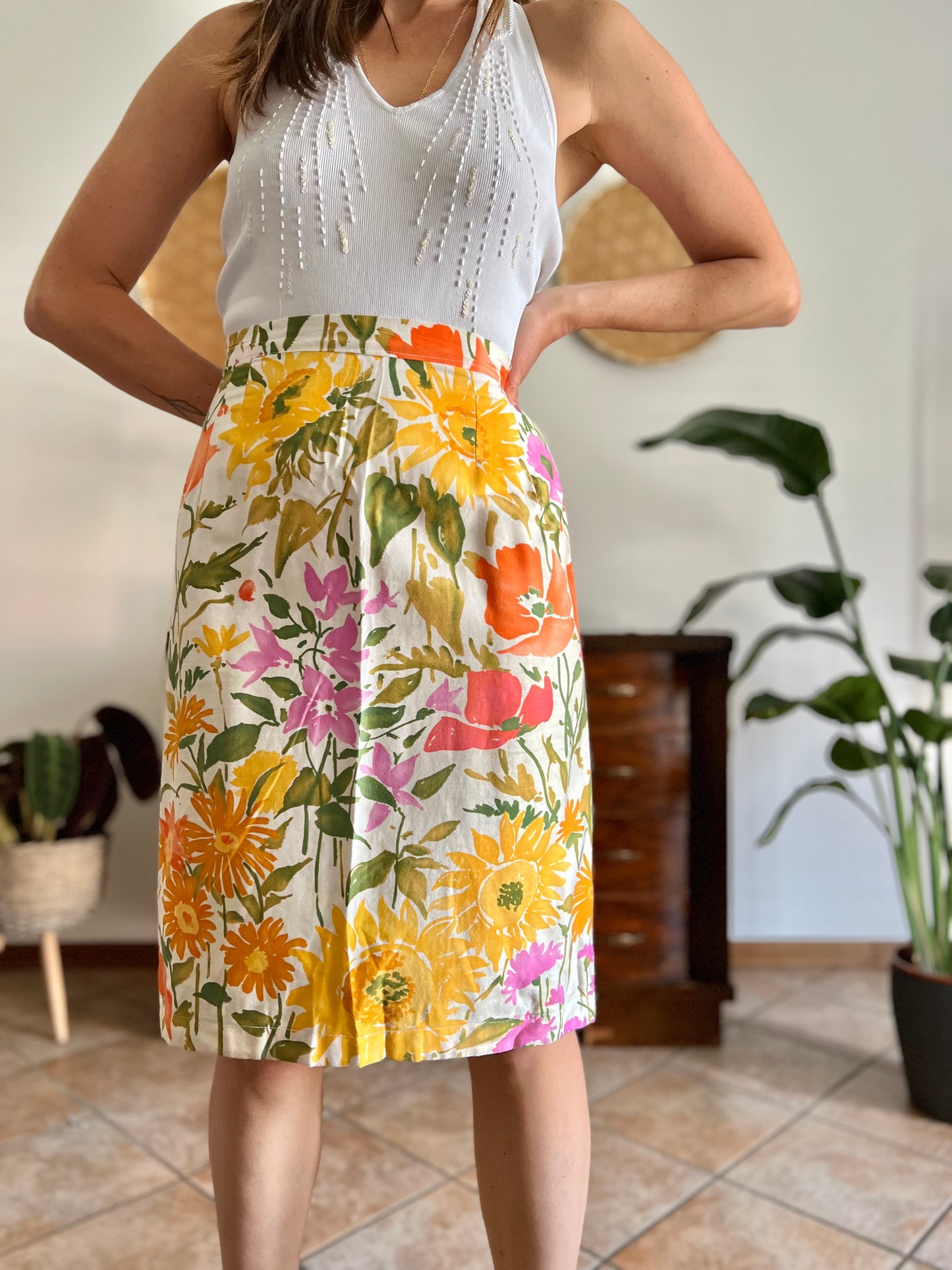1970's vintage orange, pink and green large floral print