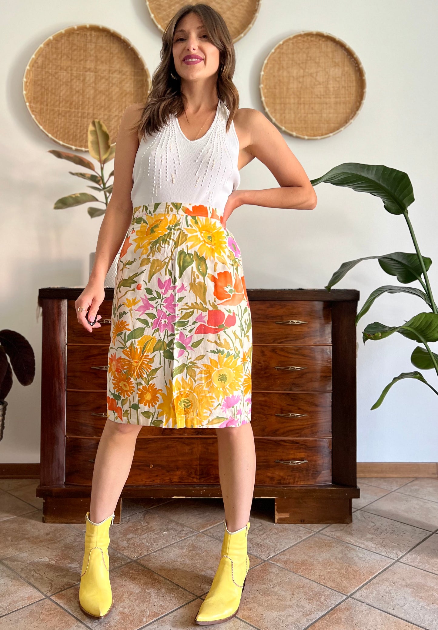 1970's vintage orange, pink and green large floral print