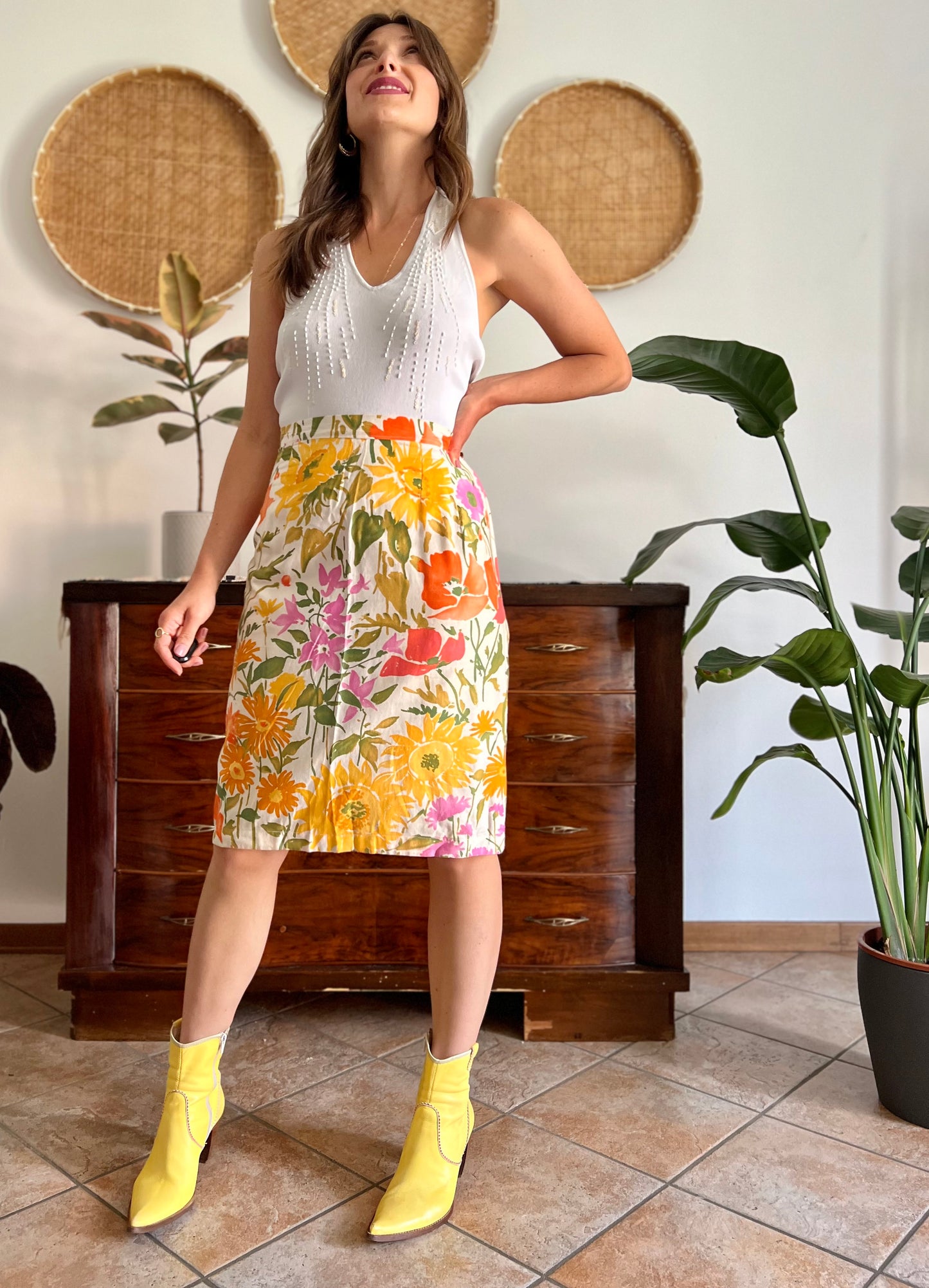 1970's vintage orange, pink and green large floral print