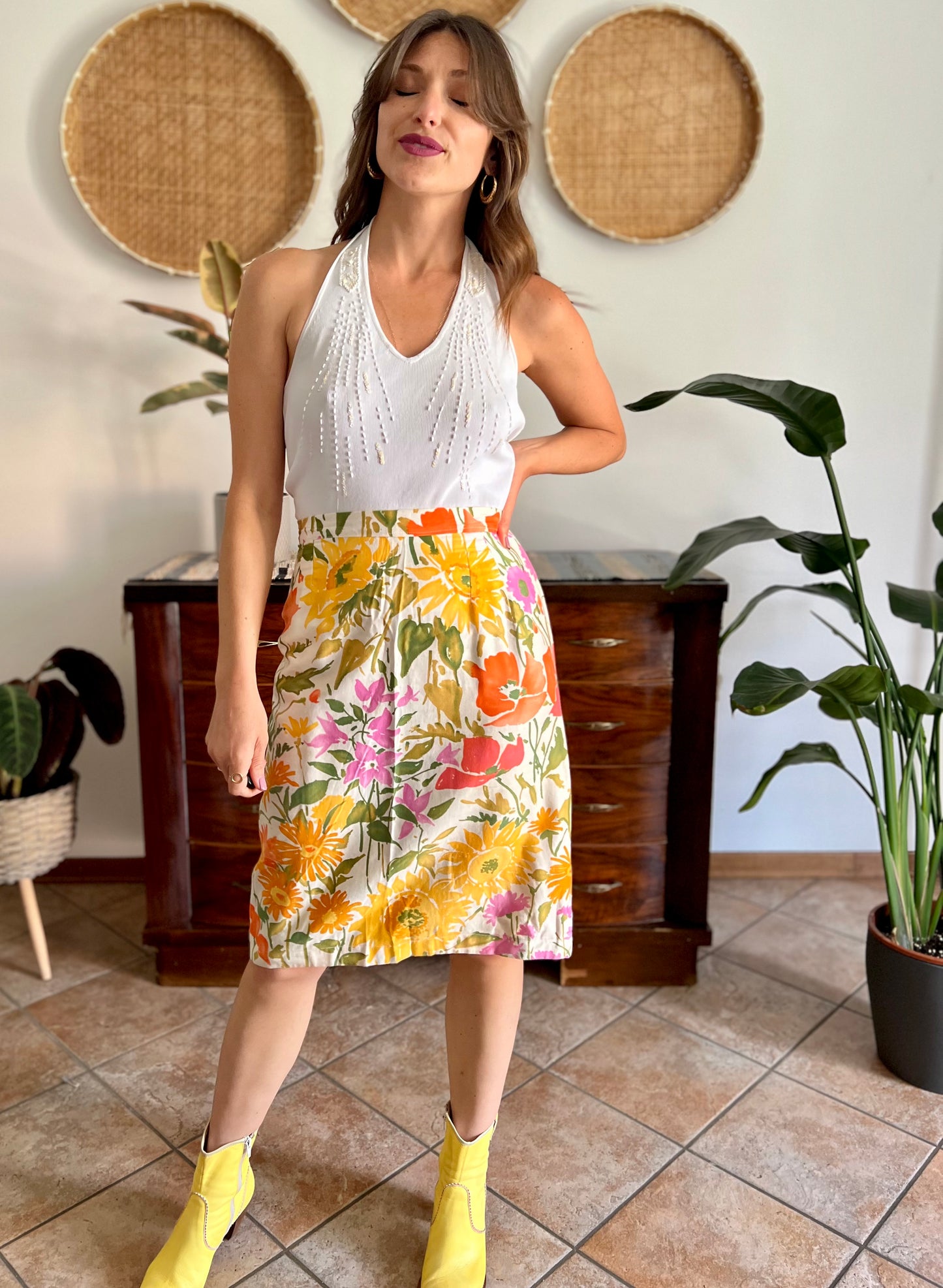 1970's vintage orange, pink and green large floral print