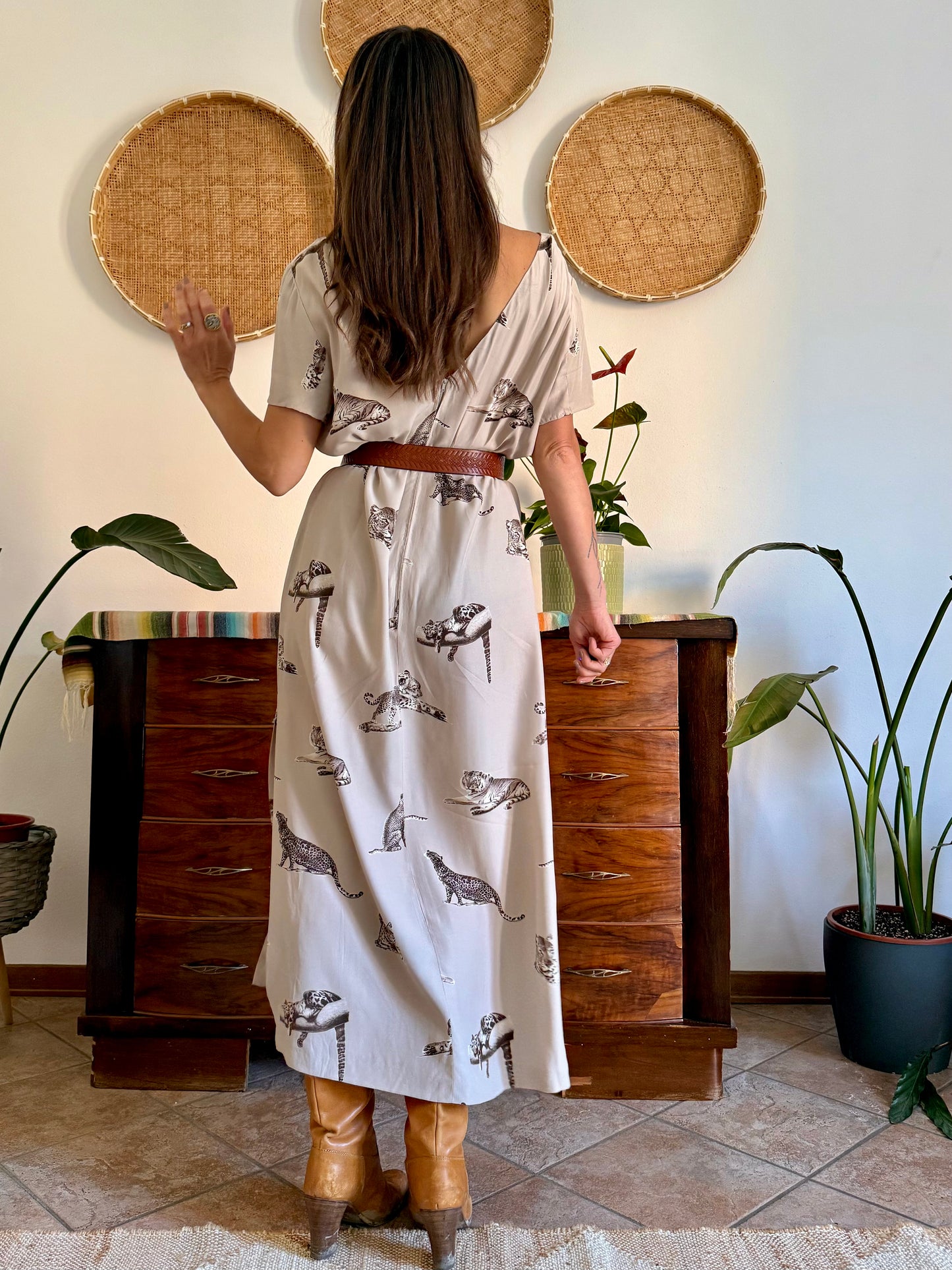 1990's vintage beige maxi dress with cheetah print