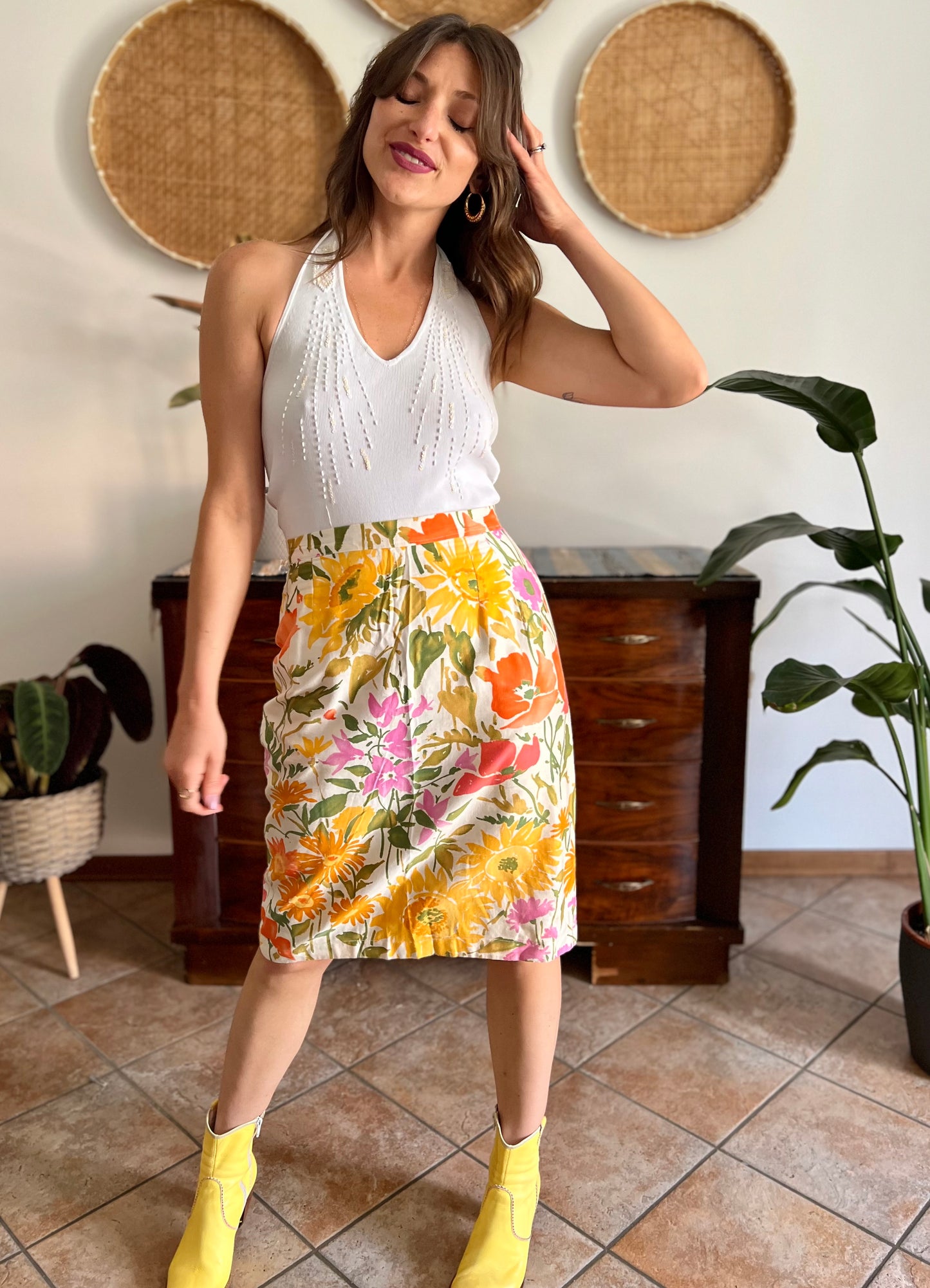 1970's vintage orange, pink and green large floral print