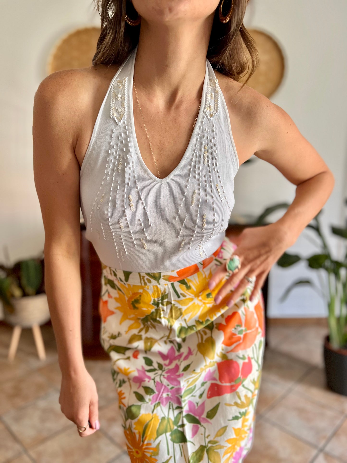 1990's vintage white knit top with iridescent sequin and glass bead detailing