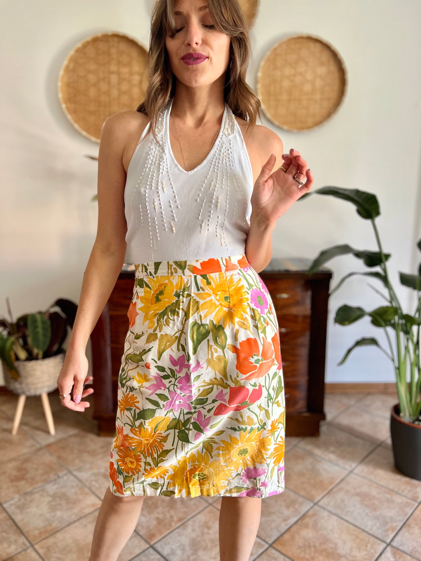 1970's vintage orange, pink and green large floral print