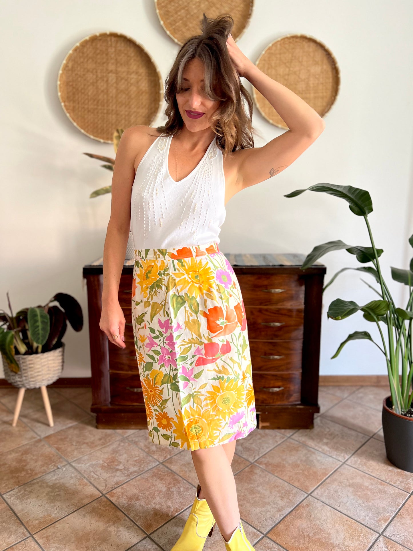 1970's vintage orange, pink and green large floral print