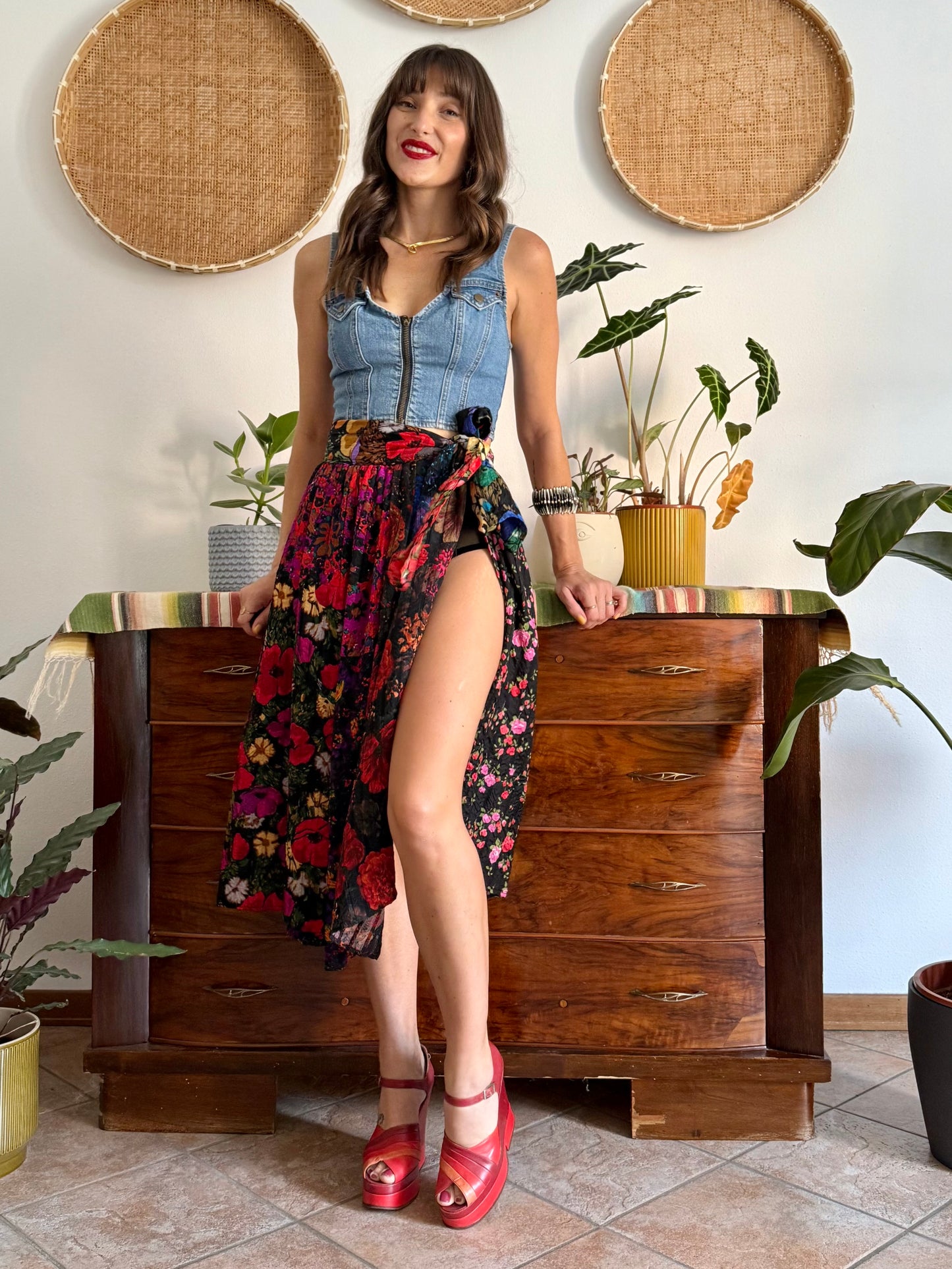 1970's vintage multilayer patchwork floral midi skirt
