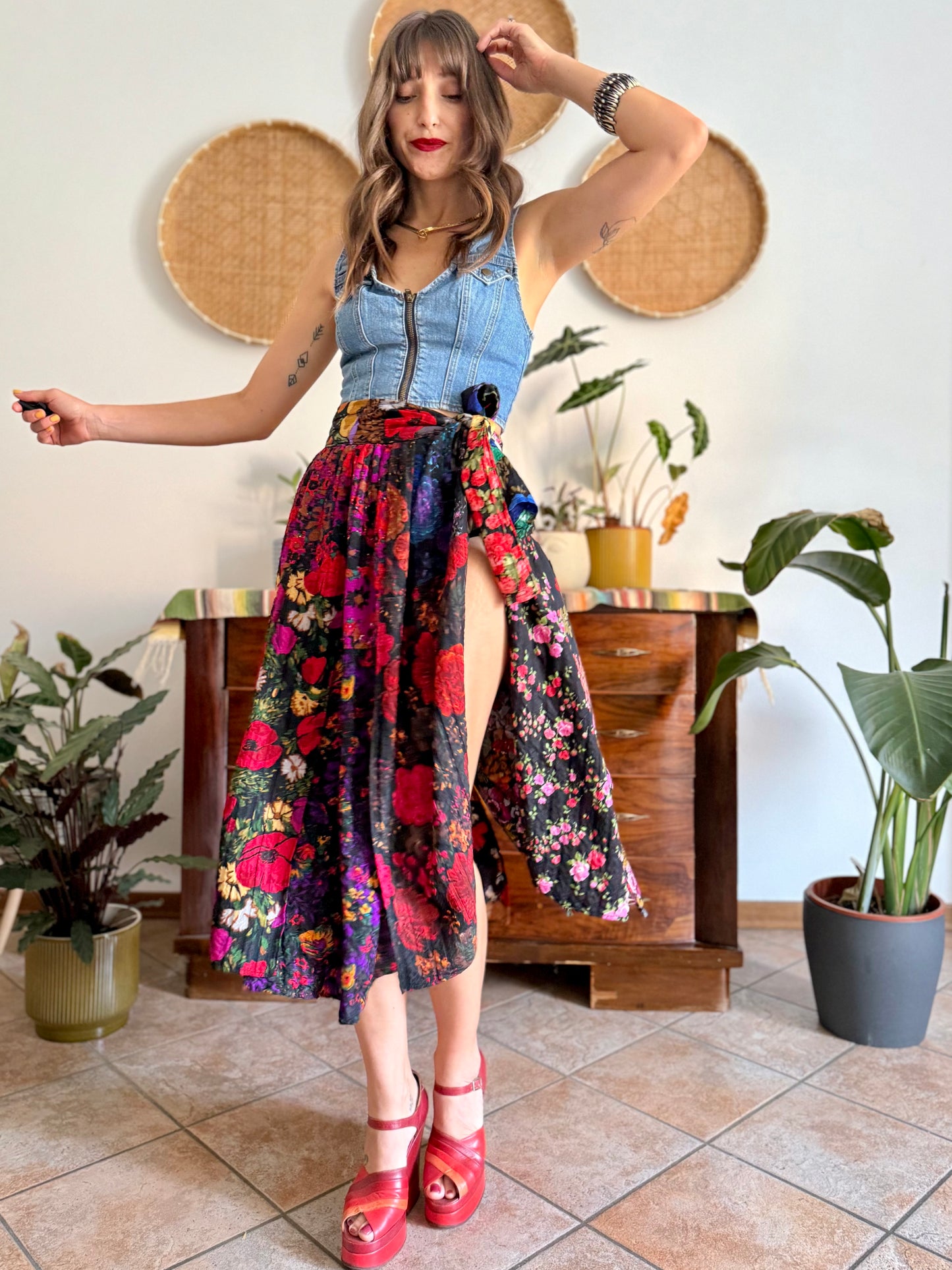 1970's vintage multilayer patchwork floral midi skirt