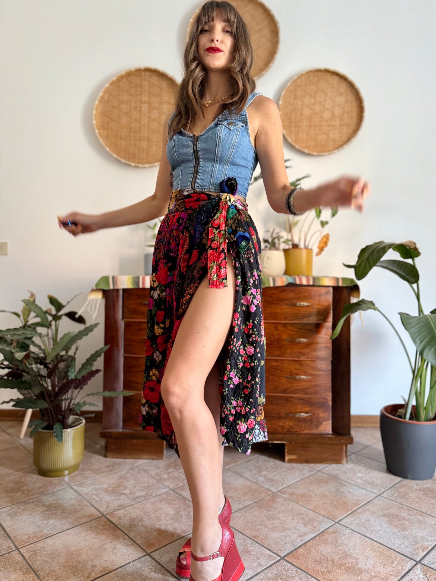 1970's vintage multilayer patchwork floral midi skirt