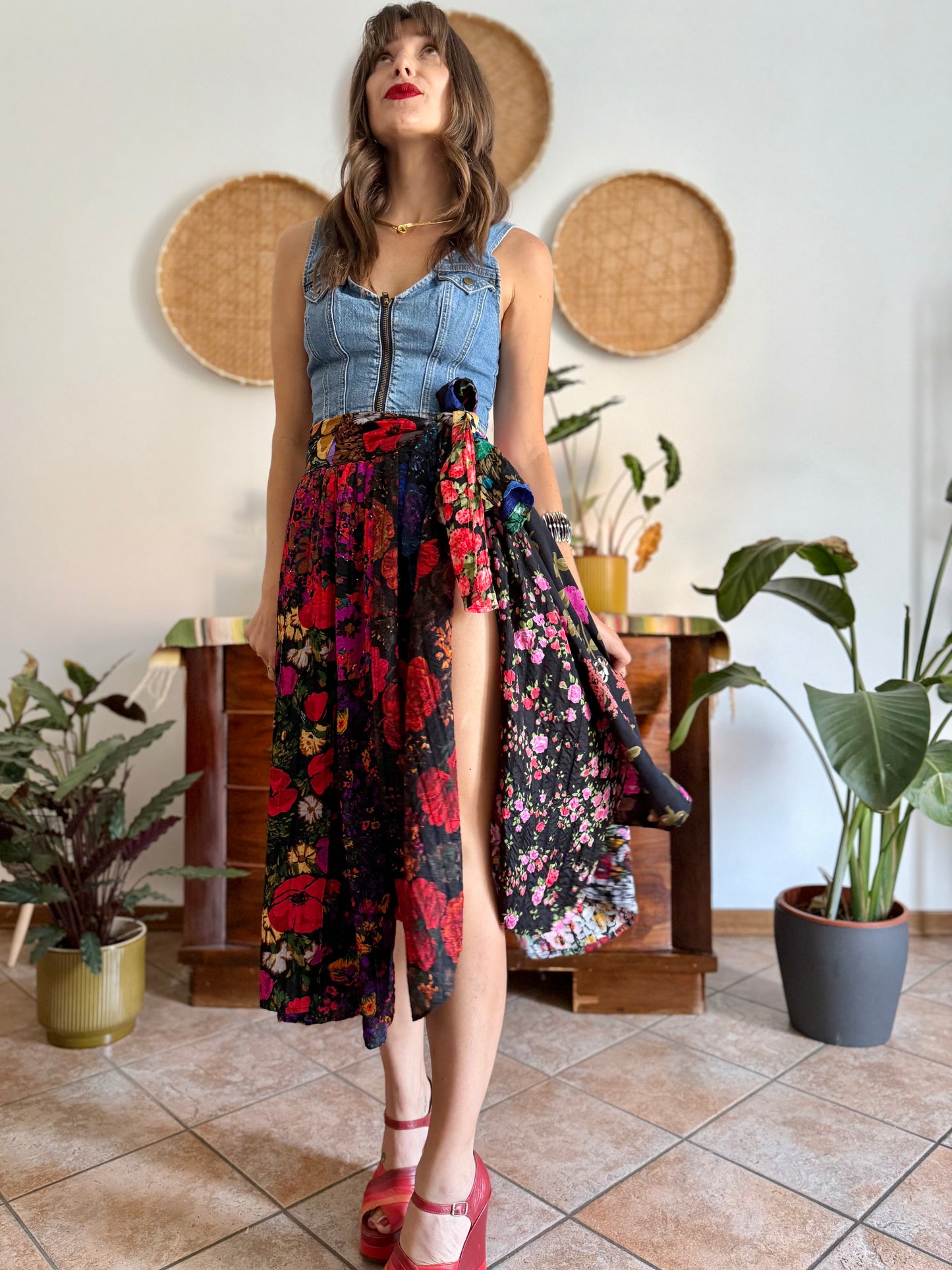 1970's vintage multilayer patchwork floral midi skirt