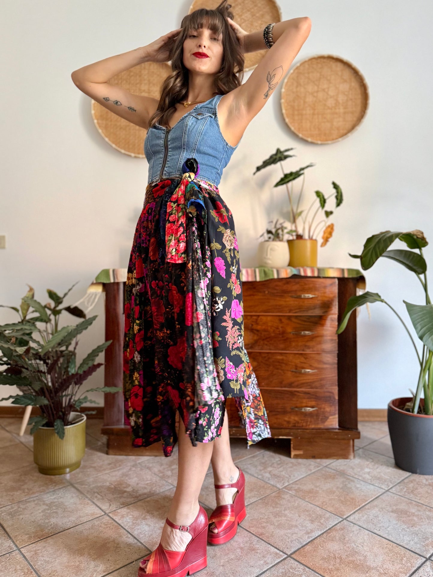 1970's vintage multilayer patchwork floral midi skirt