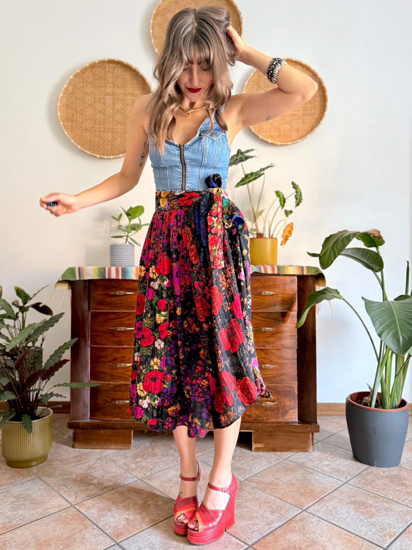 1970's vintage multilayer patchwork floral midi skirt