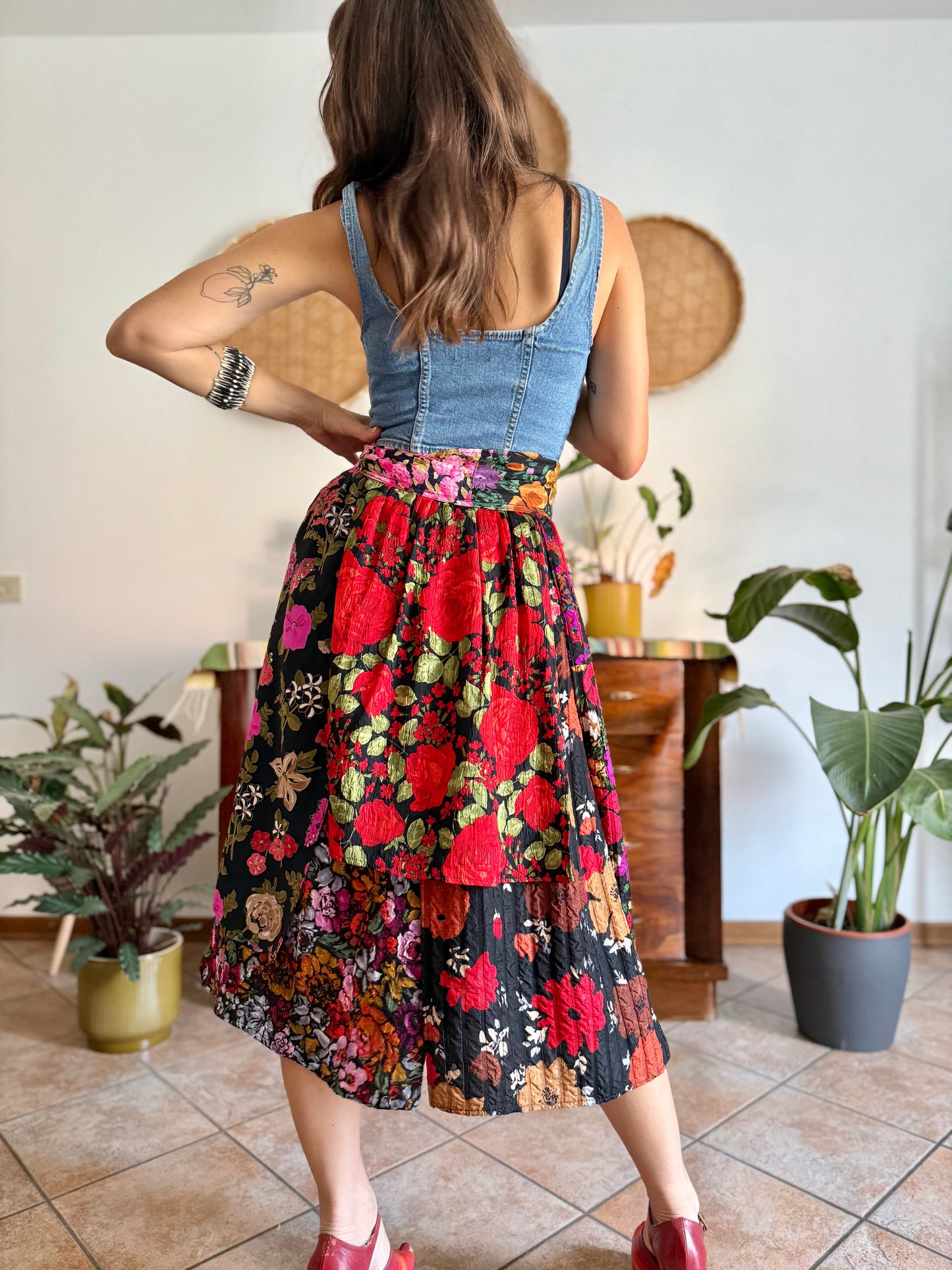1970's vintage multilayer patchwork floral midi skirt
