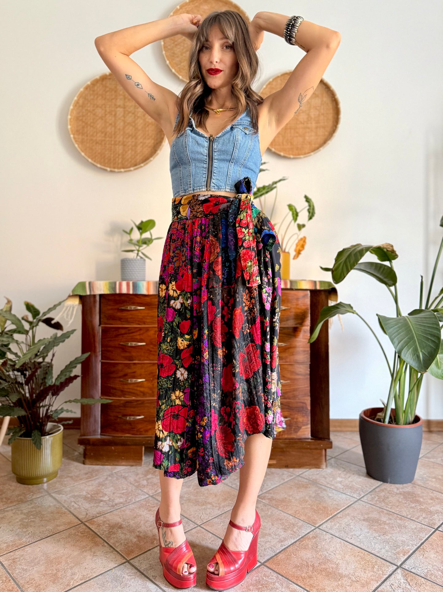 1970's vintage multilayer patchwork floral midi skirt