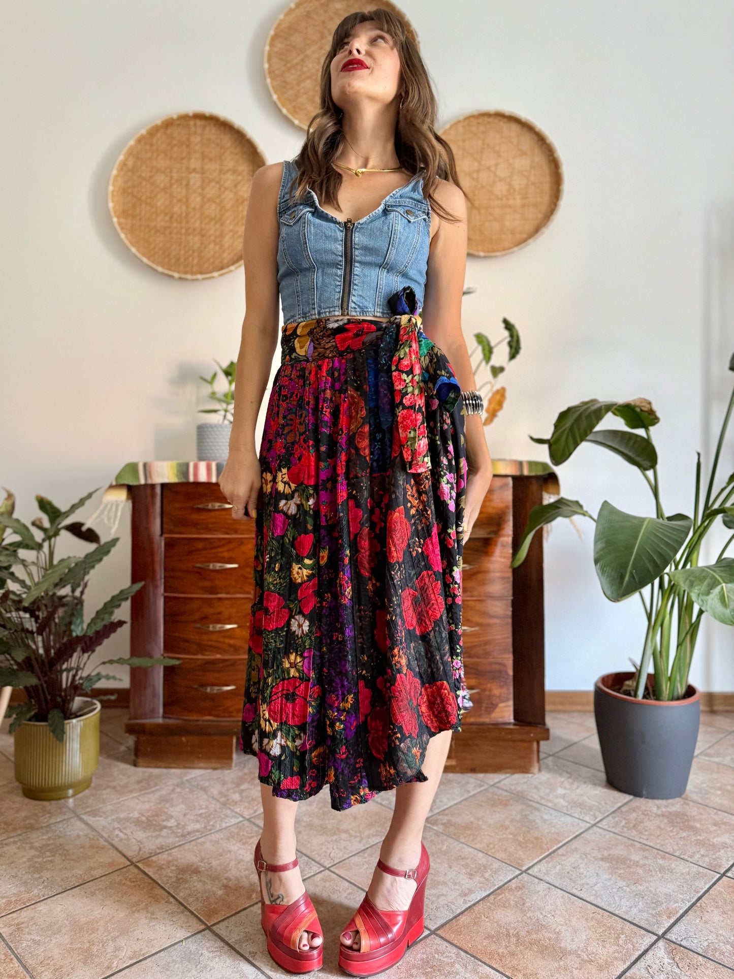 1970's vintage multilayer patchwork floral midi skirt