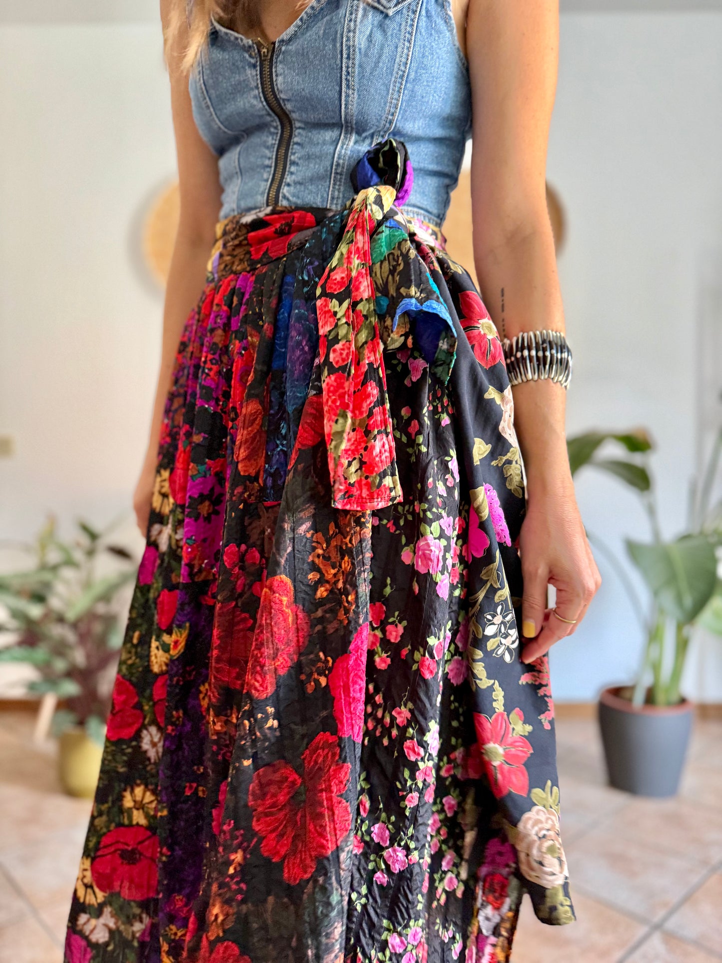 1970's vintage multilayer patchwork floral midi skirt