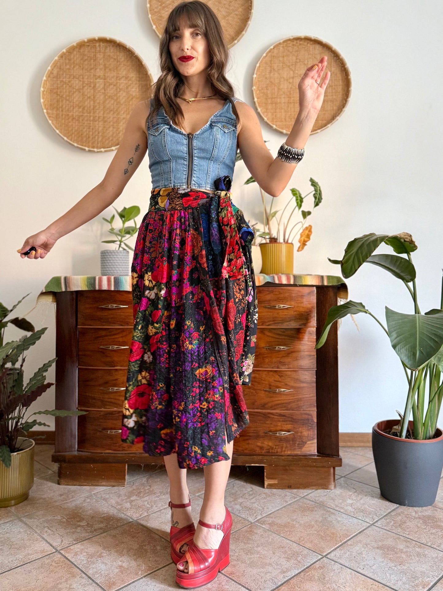 1970's vintage multilayer patchwork floral midi skirt
