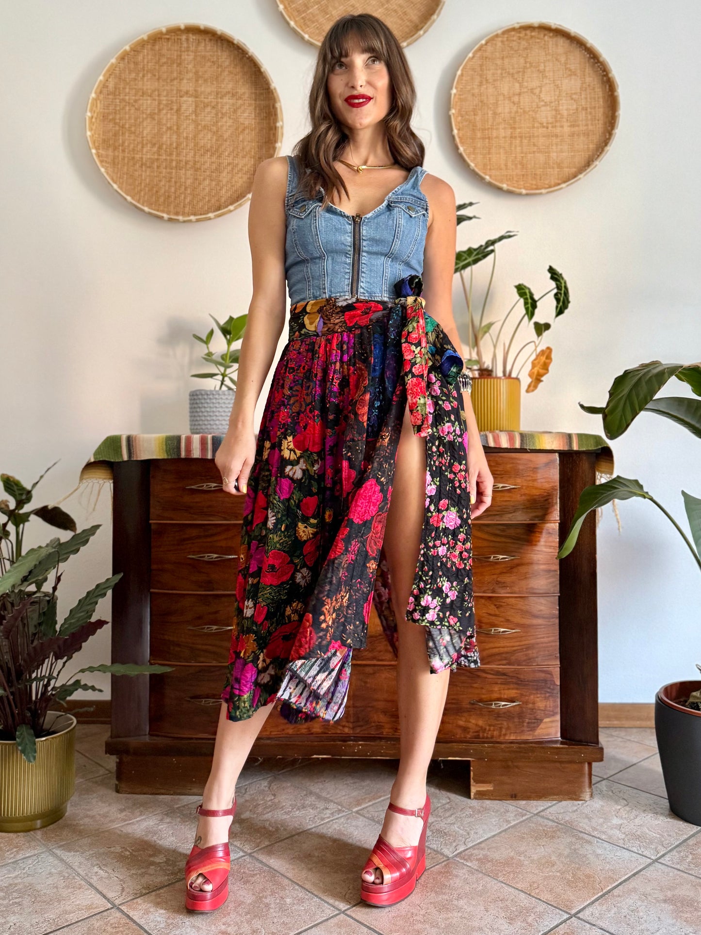 1970's vintage multilayer patchwork floral midi skirt