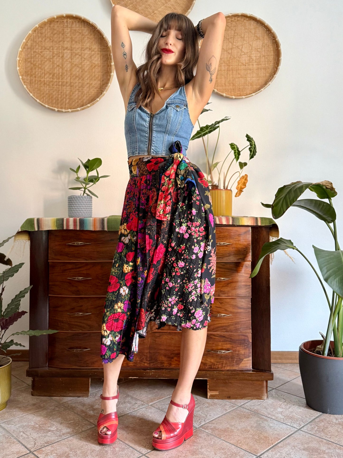 1970's vintage multilayer patchwork floral midi skirt