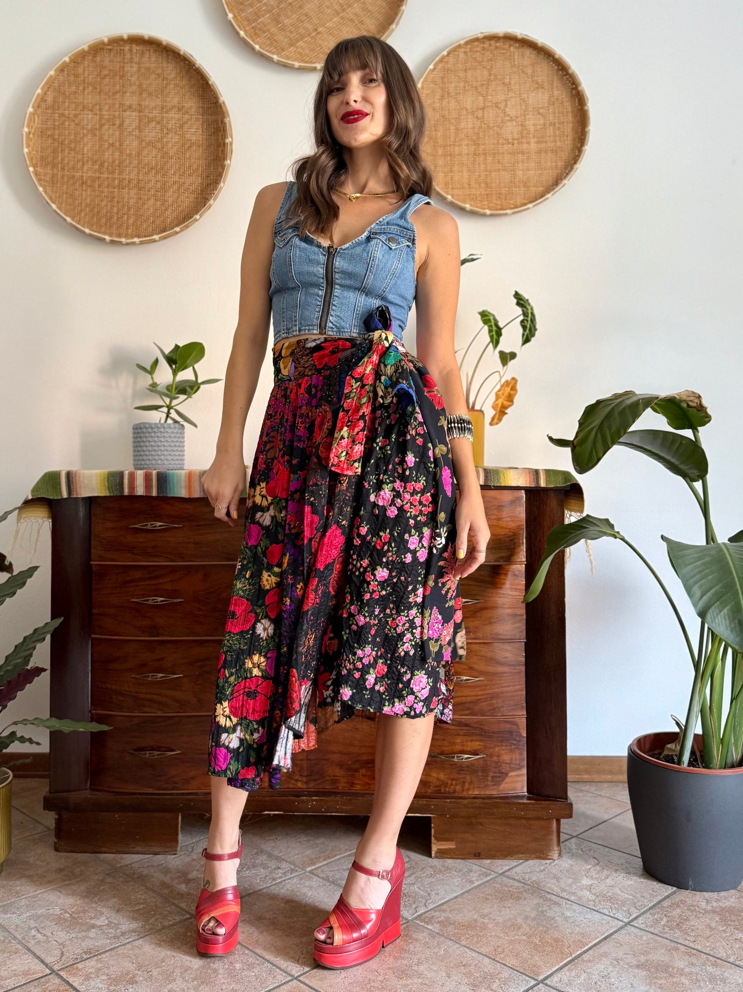1970's vintage multilayer patchwork floral midi skirt