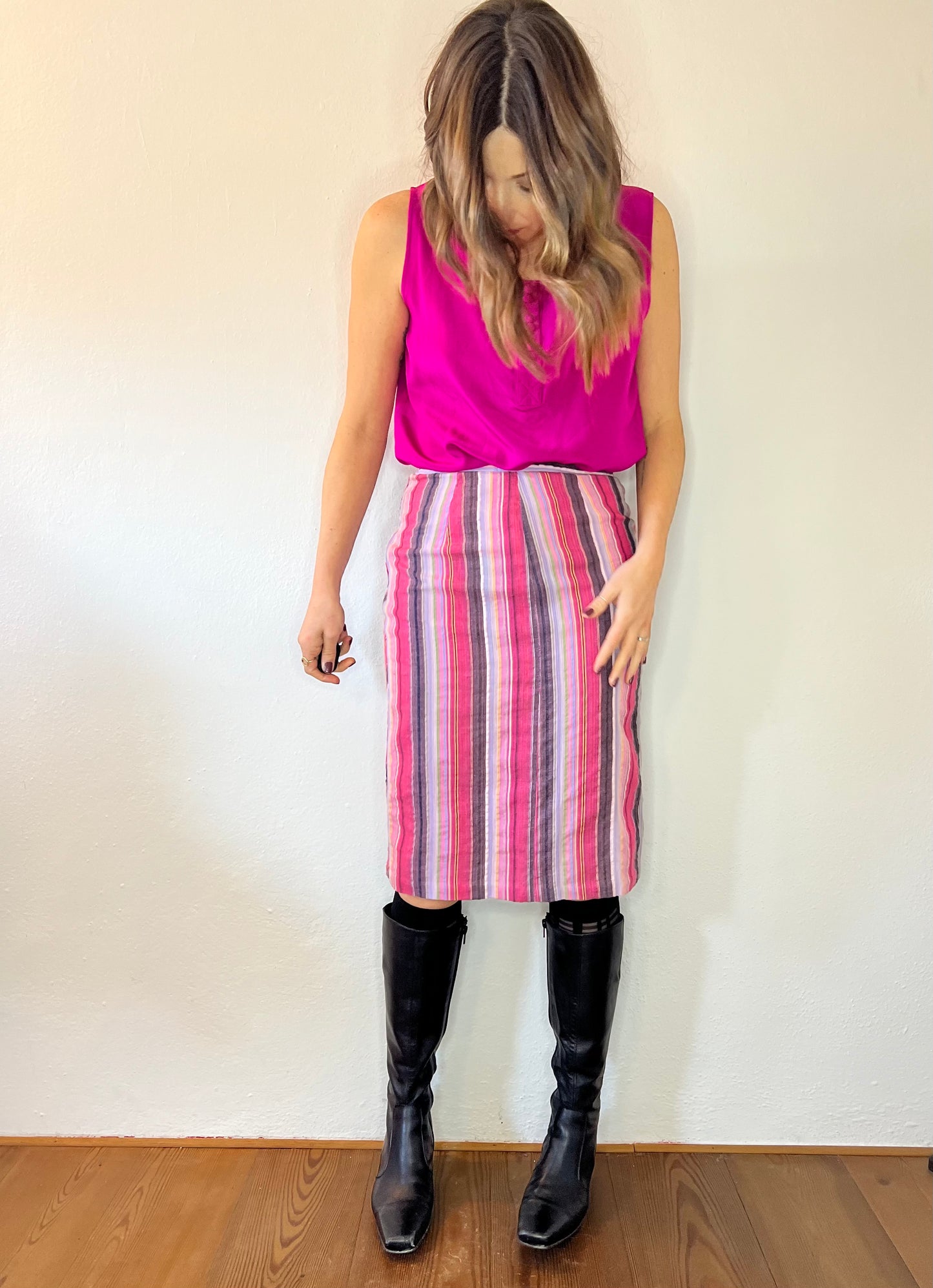Gonna midi vintage anni '70 a righe verticali e a zig zag arcobaleno