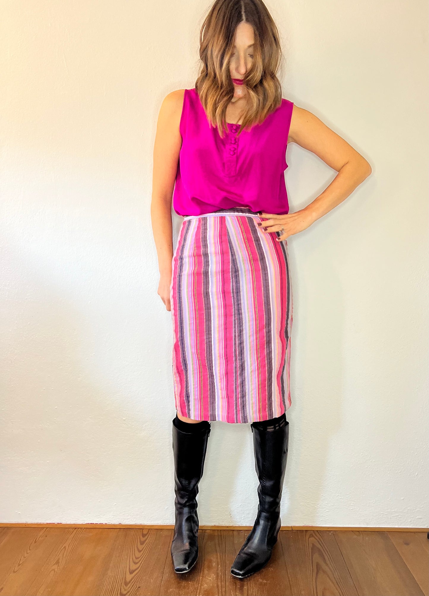 Gonna midi vintage anni '70 a righe verticali e a zig zag arcobaleno