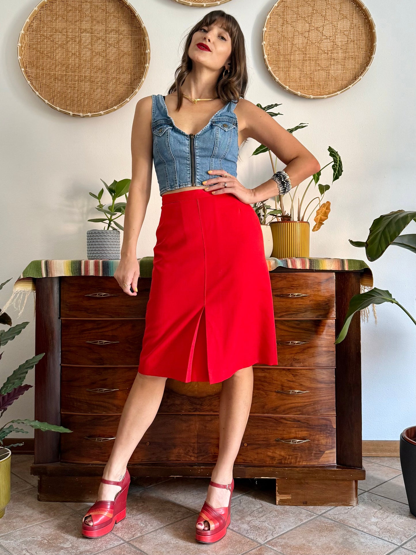 1970's vintage cherry red pleated midi skirt
