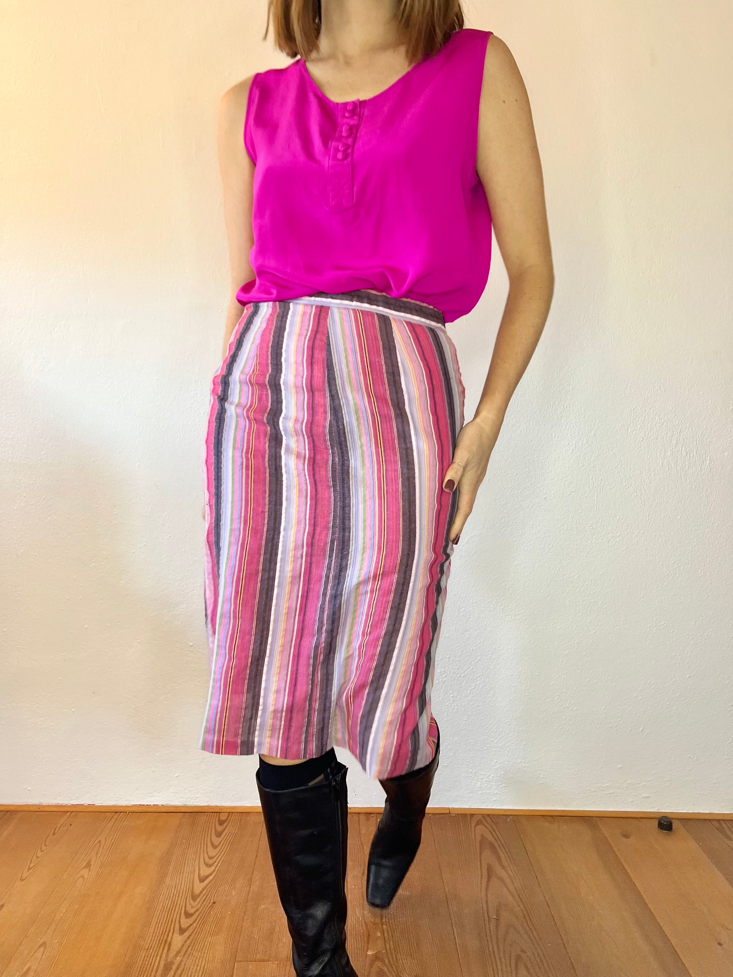 Gonna midi vintage anni '70 a righe verticali e a zig zag arcobaleno