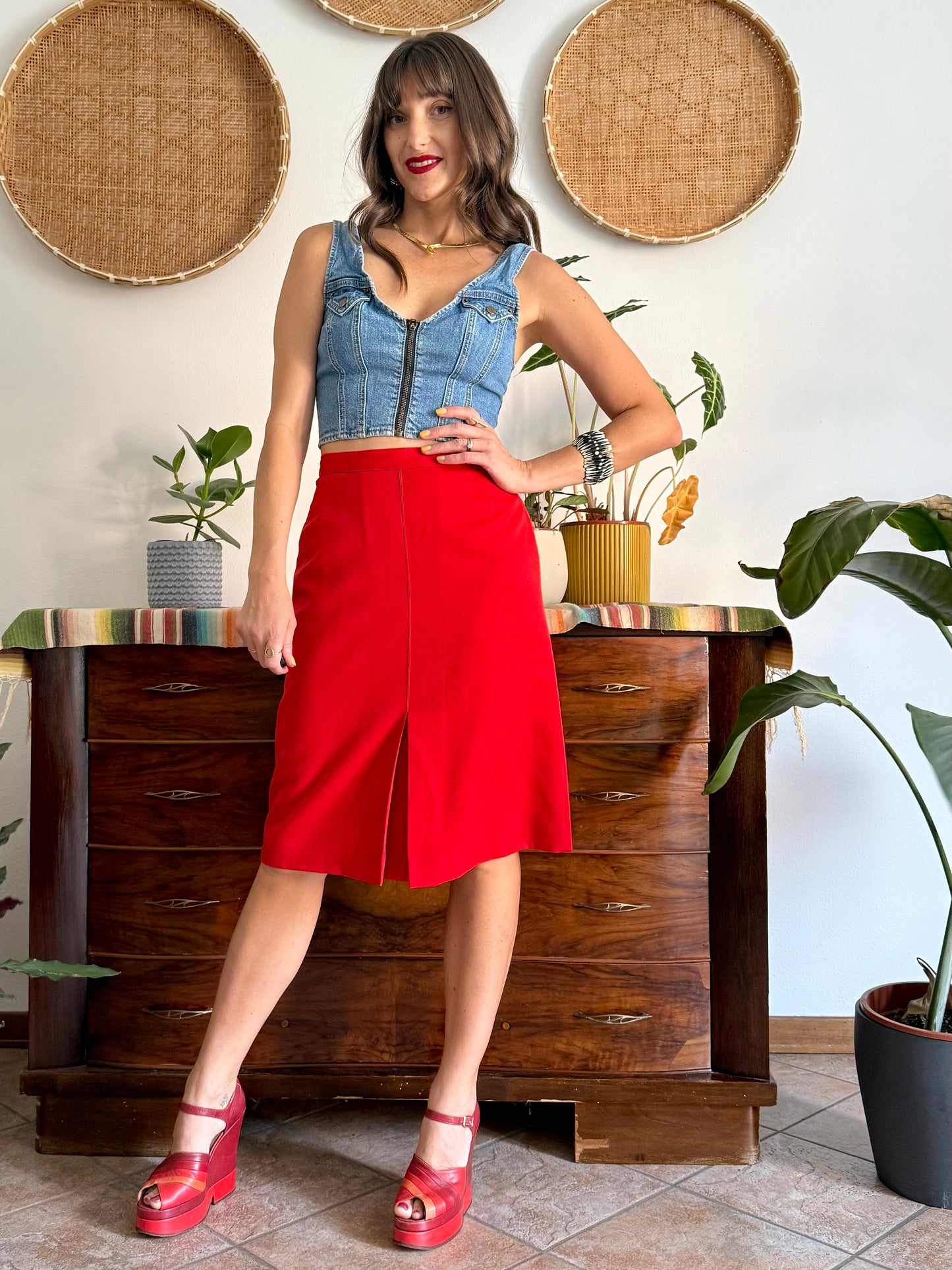 1970's vintage cherry red pleated midi skirt