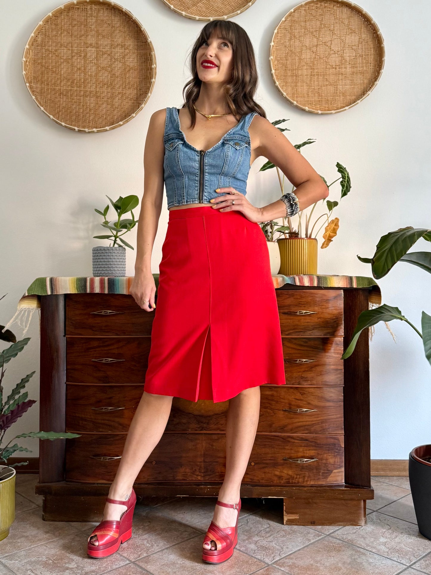 1970's vintage cherry red pleated midi skirt