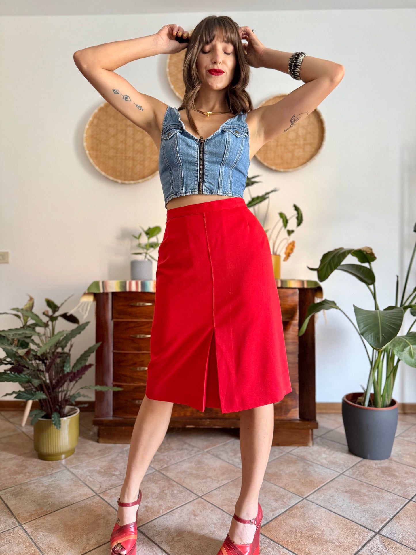 1970's vintage cherry red pleated midi skirt