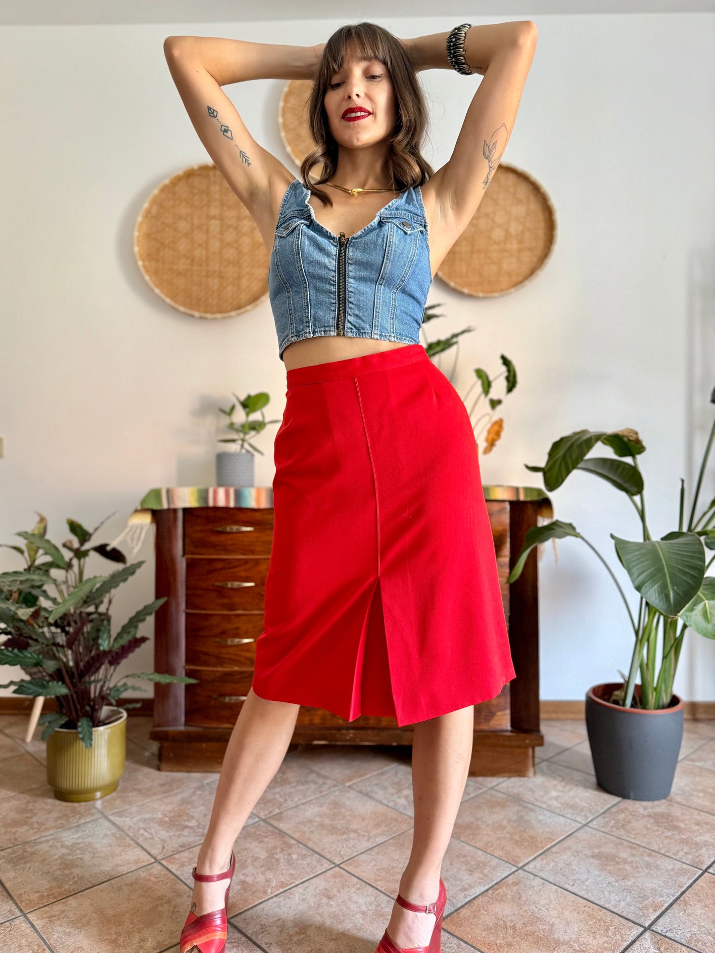 1970's vintage cherry red pleated midi skirt