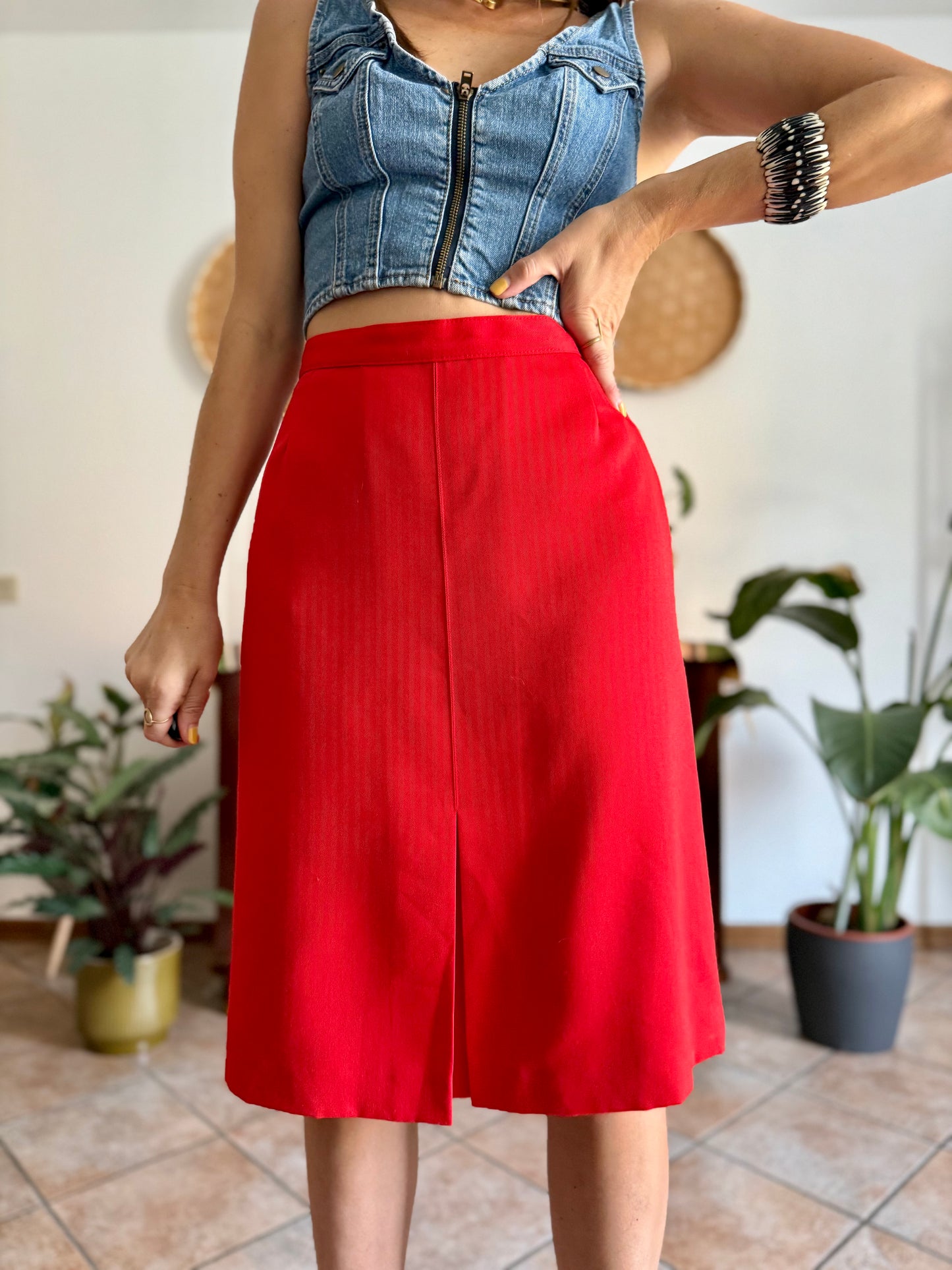 1970's vintage cherry red pleated midi skirt
