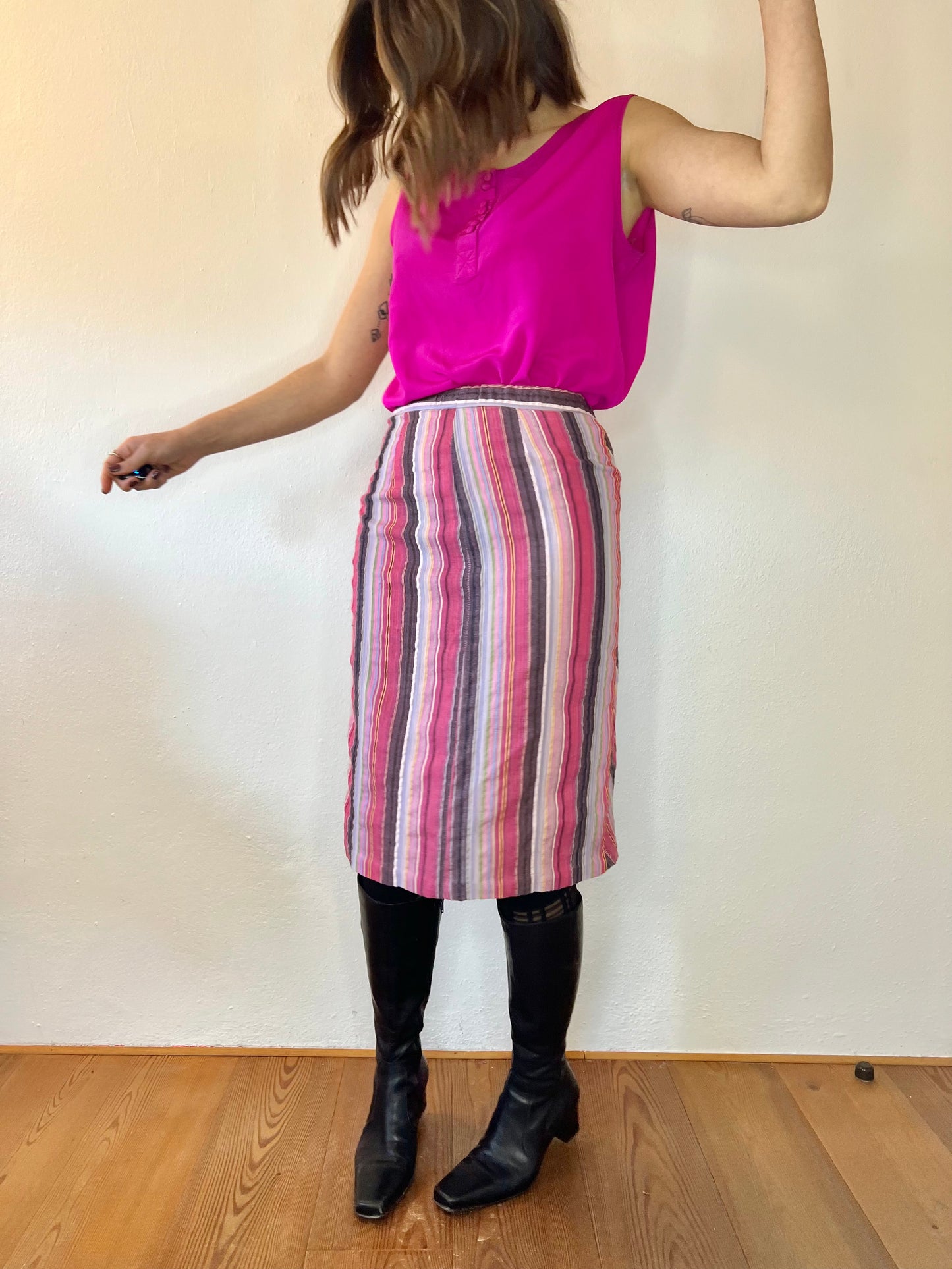 Gonna midi vintage anni '70 a righe verticali e a zig zag arcobaleno