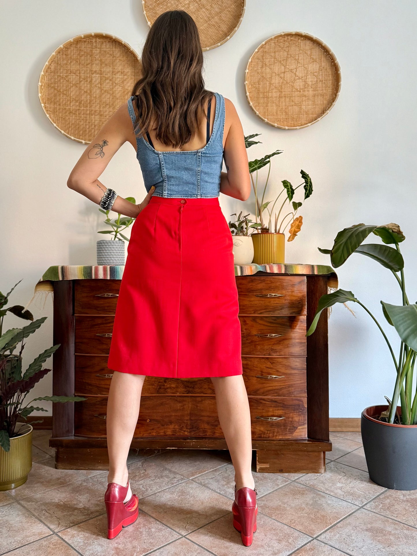 1970's vintage cherry red pleated midi skirt