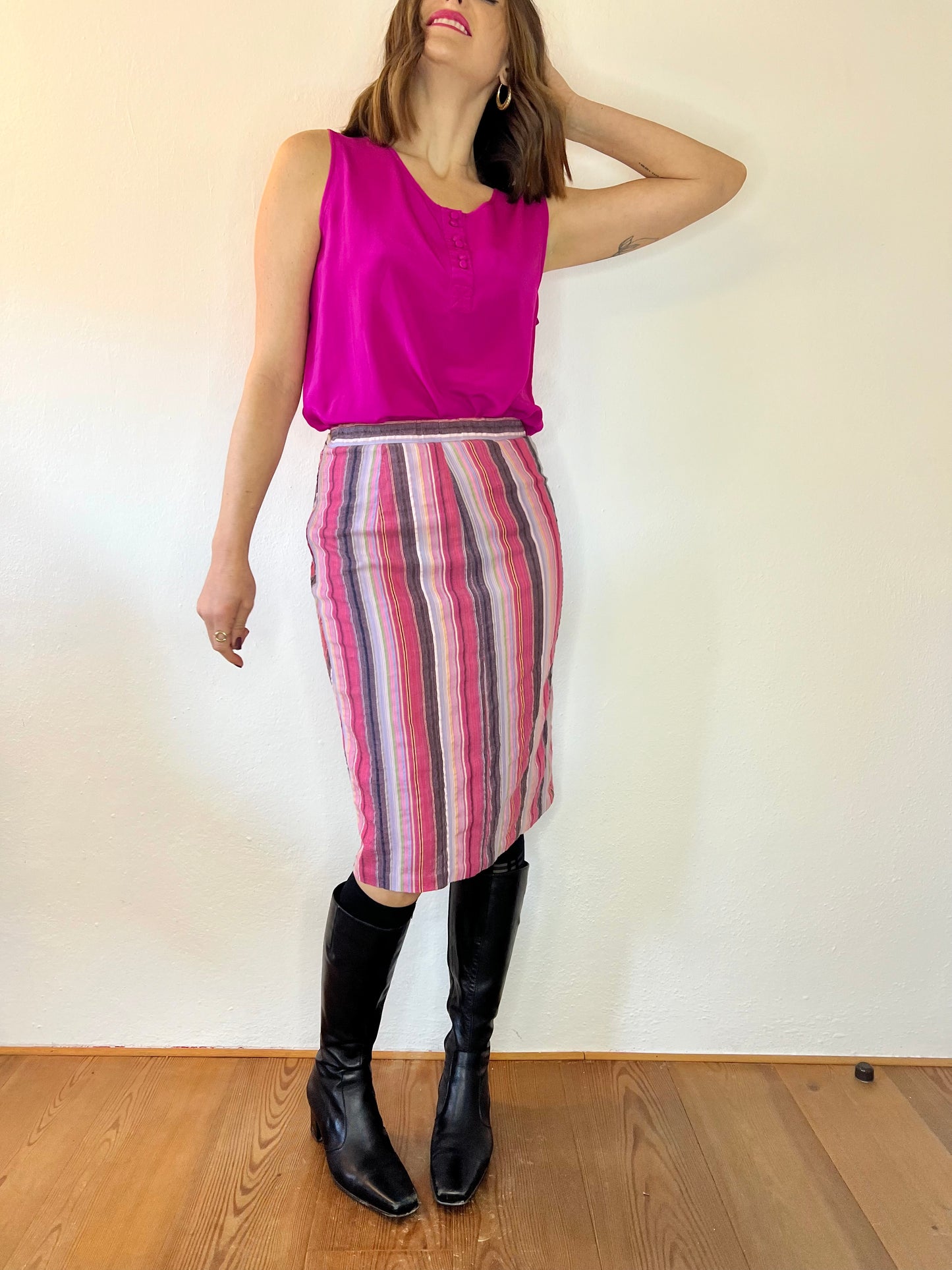 Gonna midi vintage anni '70 a righe verticali e a zig zag arcobaleno