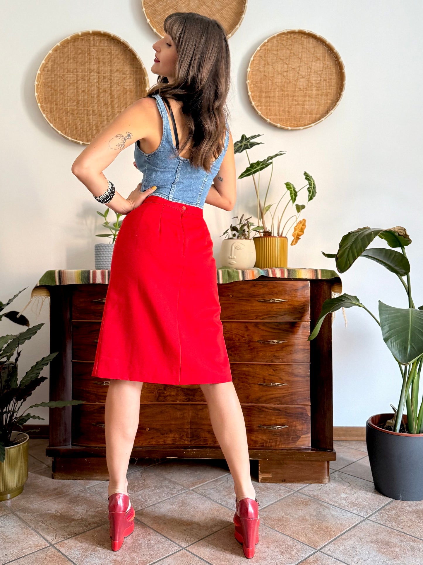 1970's vintage cherry red pleated midi skirt
