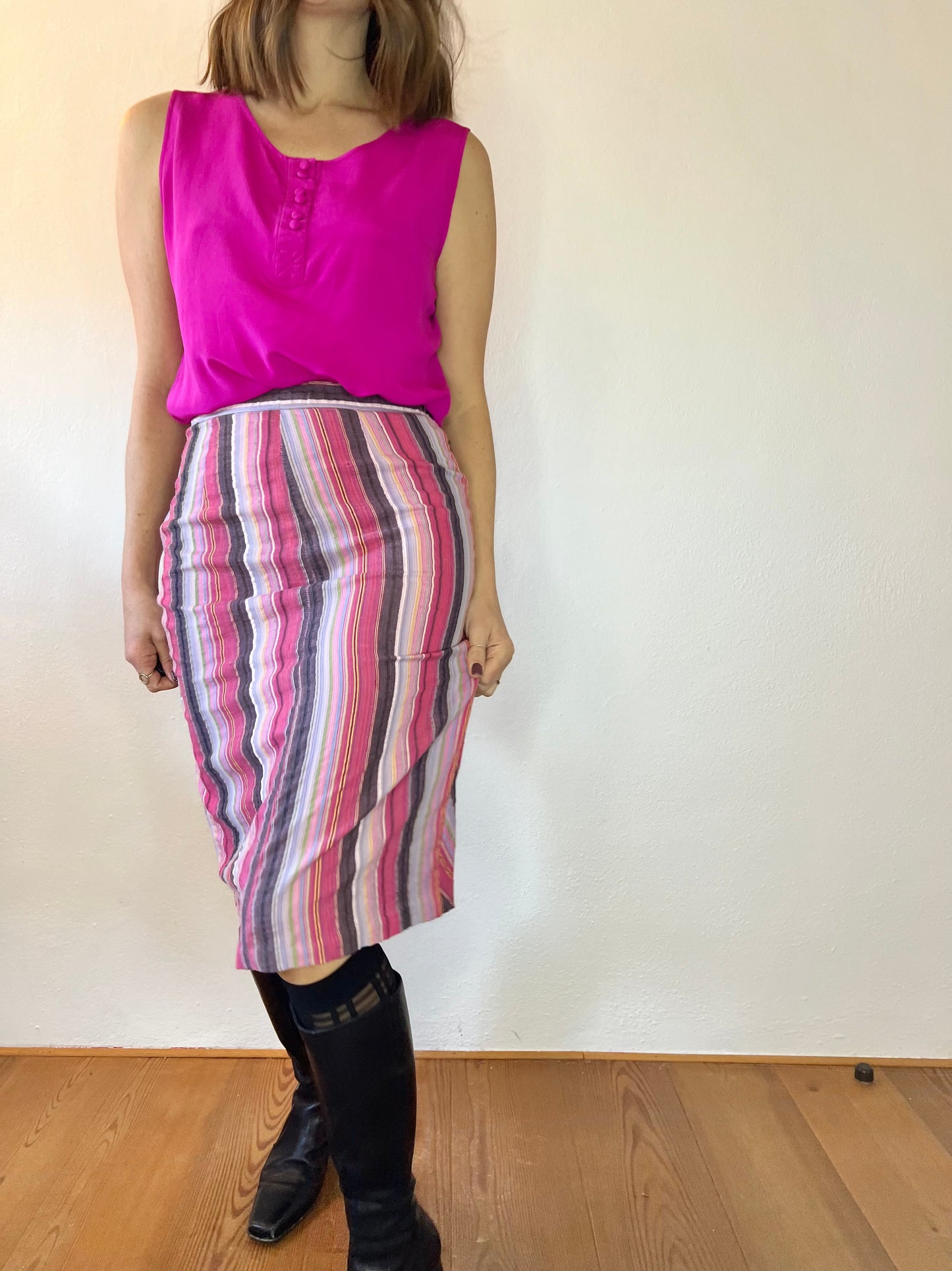 Gonna midi vintage anni '70 a righe verticali e a zig zag arcobaleno