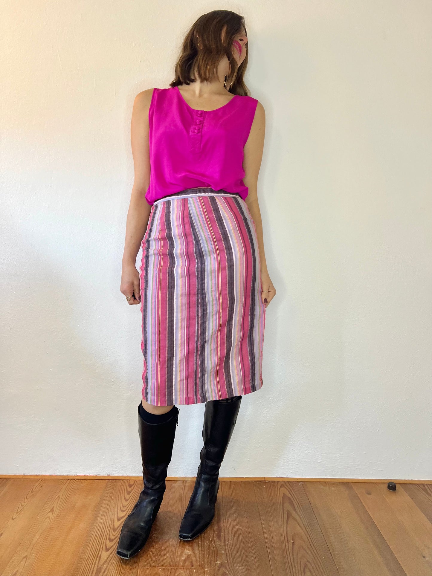 Gonna midi vintage anni '70 a righe verticali e a zig zag arcobaleno
