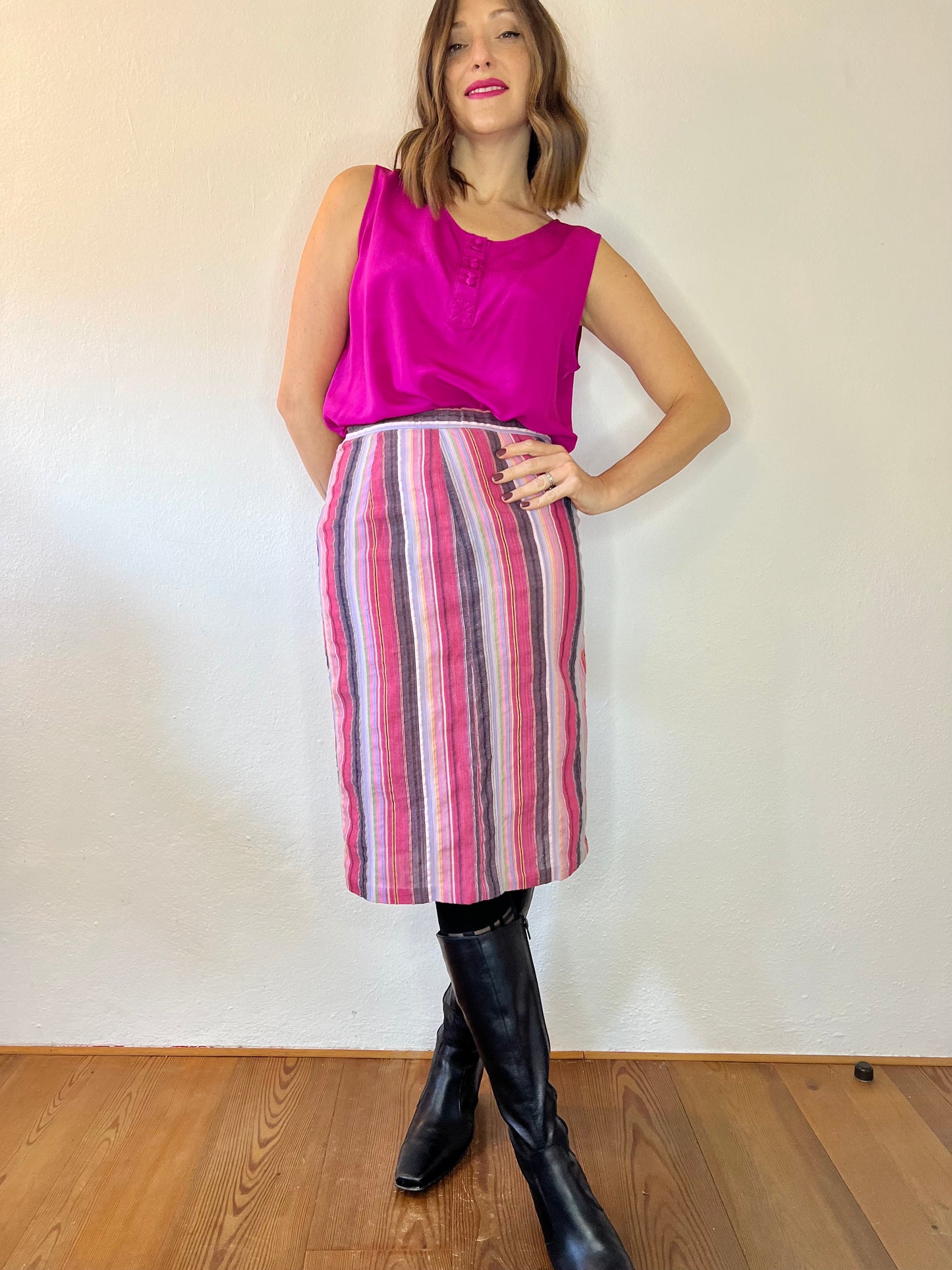 Gonna midi vintage anni '70 a righe verticali e a zig zag arcobaleno