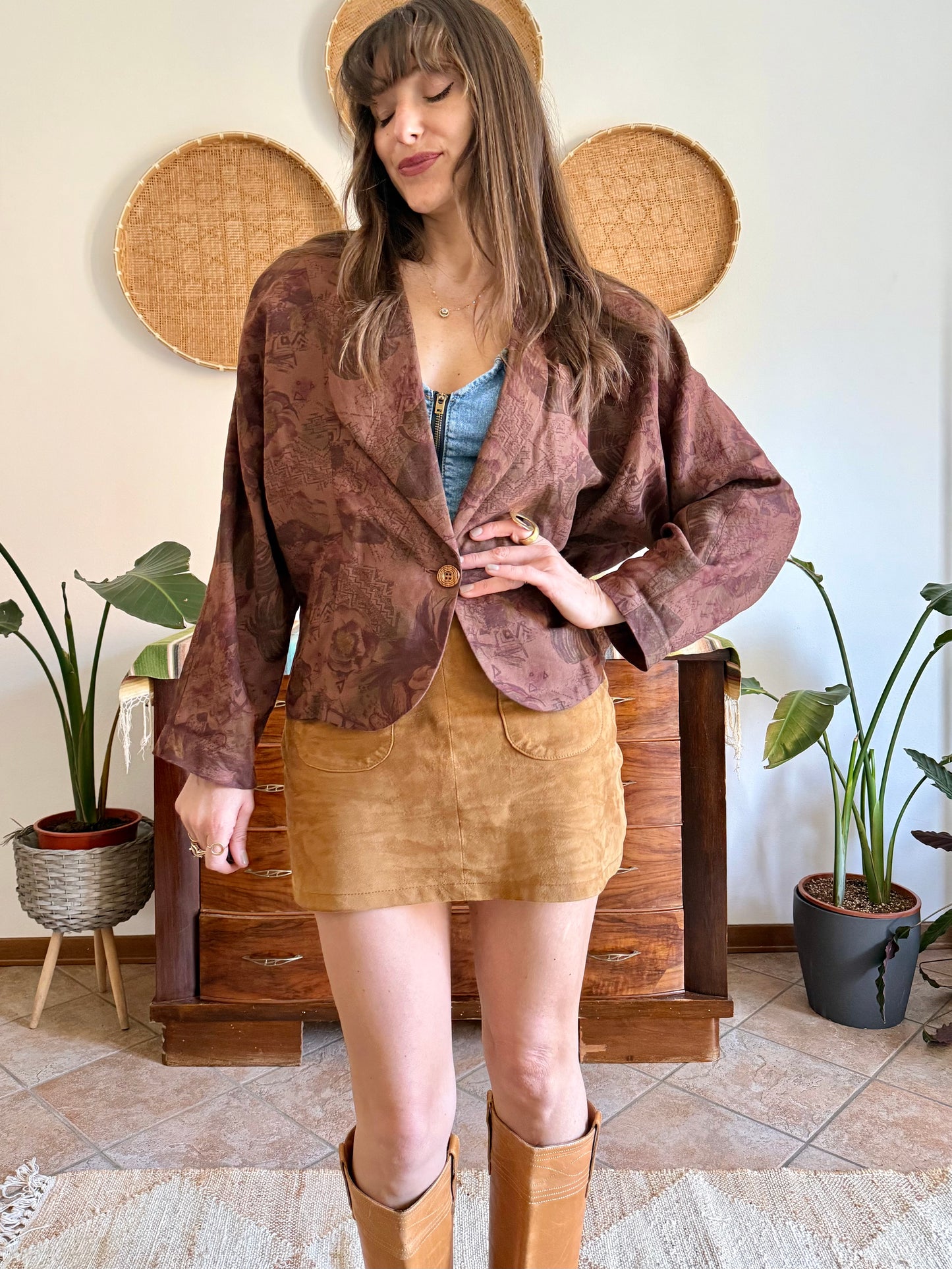 1970's vintage chocolate brown floral linen blazer