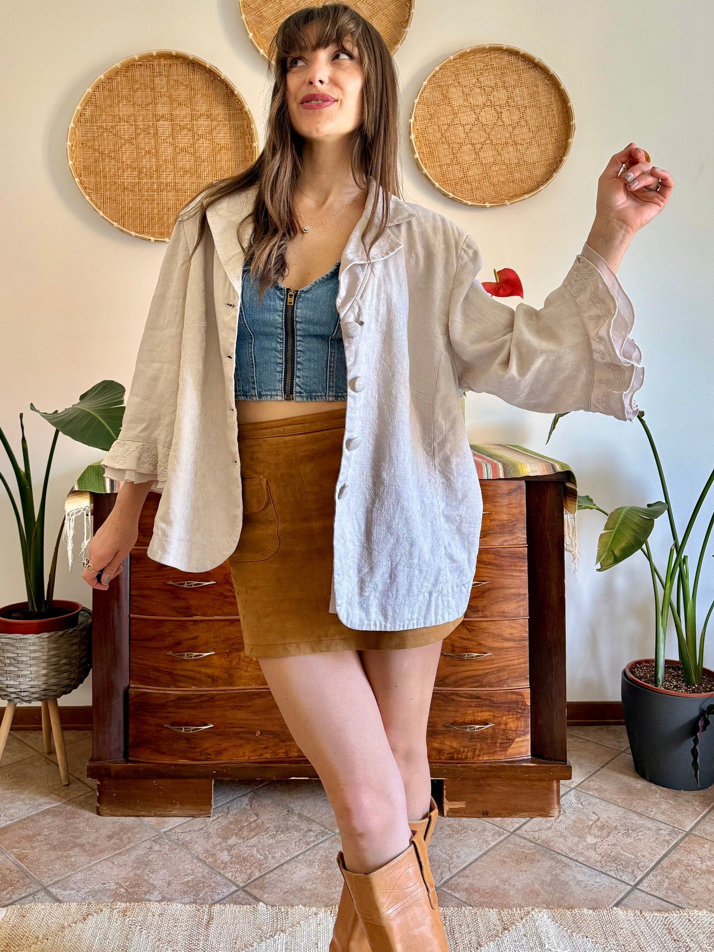 1990's vintage beige floral linen jacket with ruffle embroidered bell sleeves