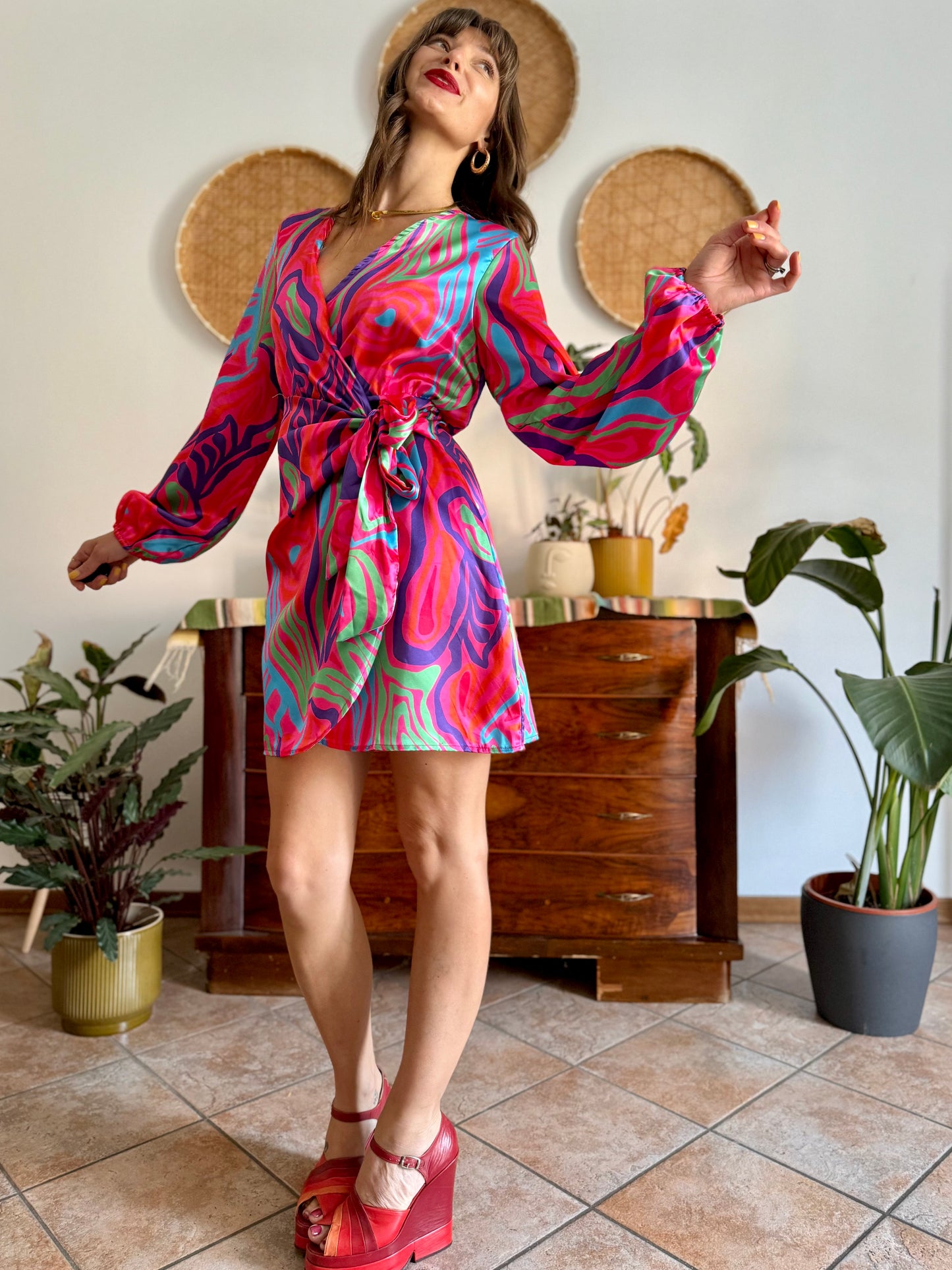 Multicolor mod abstract print satin wrap mini dress